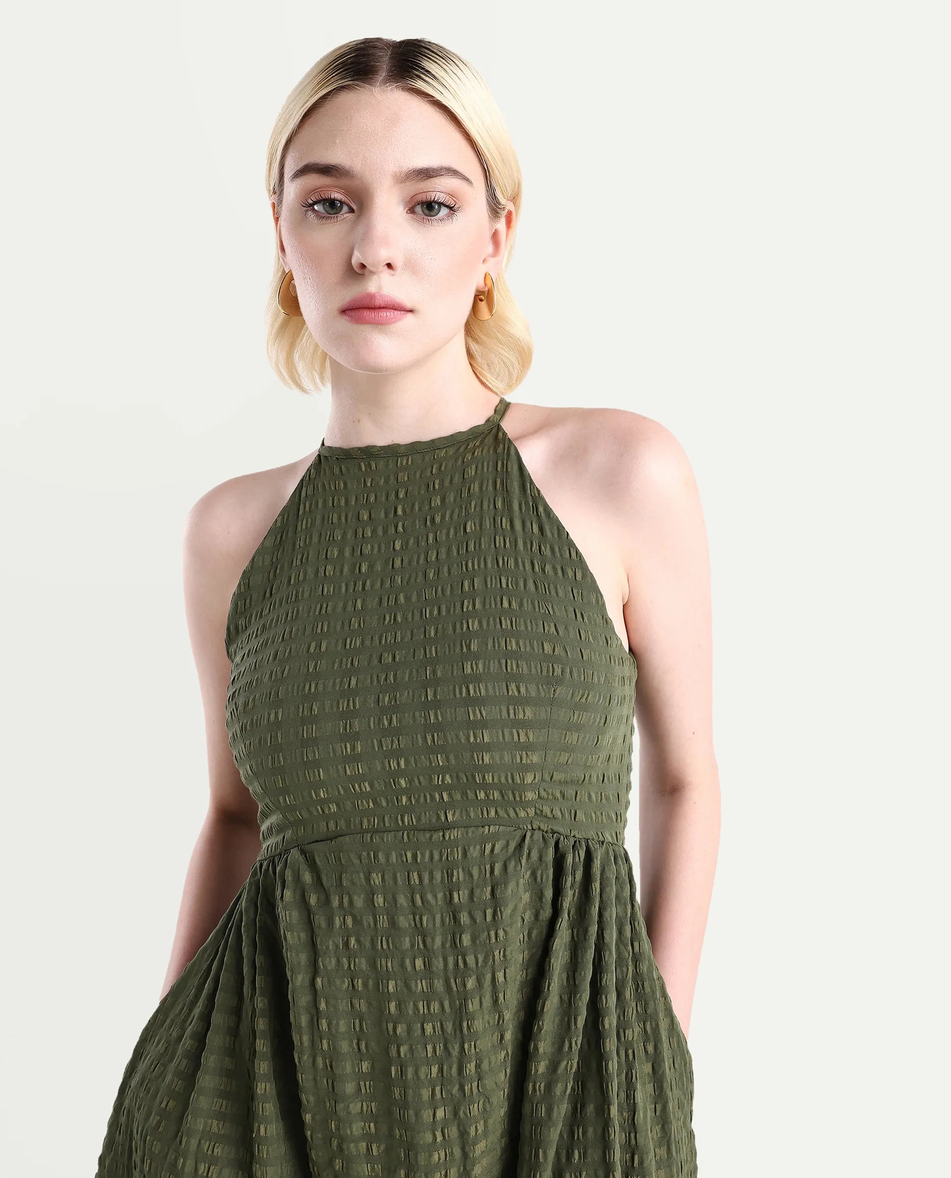 Rareism Women's Macnica Olive Polyester Blend Halter Neck Plain Sleeveless Maxi Fit And Flare Dress