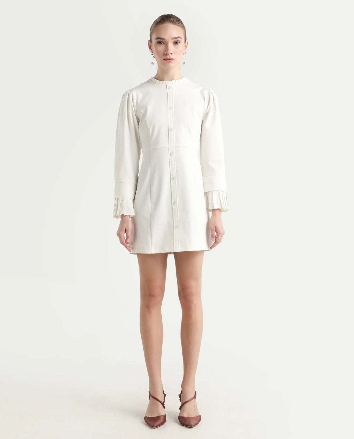 Rareism Women's Mafis White Polyester Blend Ruffled Neck Plain Fashion Sleeve Mini Straight Fit Dress