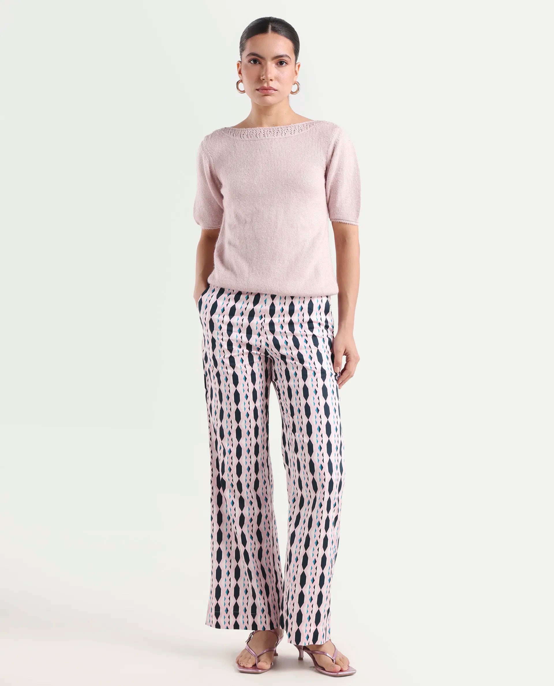 Rareism Women's Magia Light Multi Viscose Geometric Print Ankle Length Wide Leg Trouser