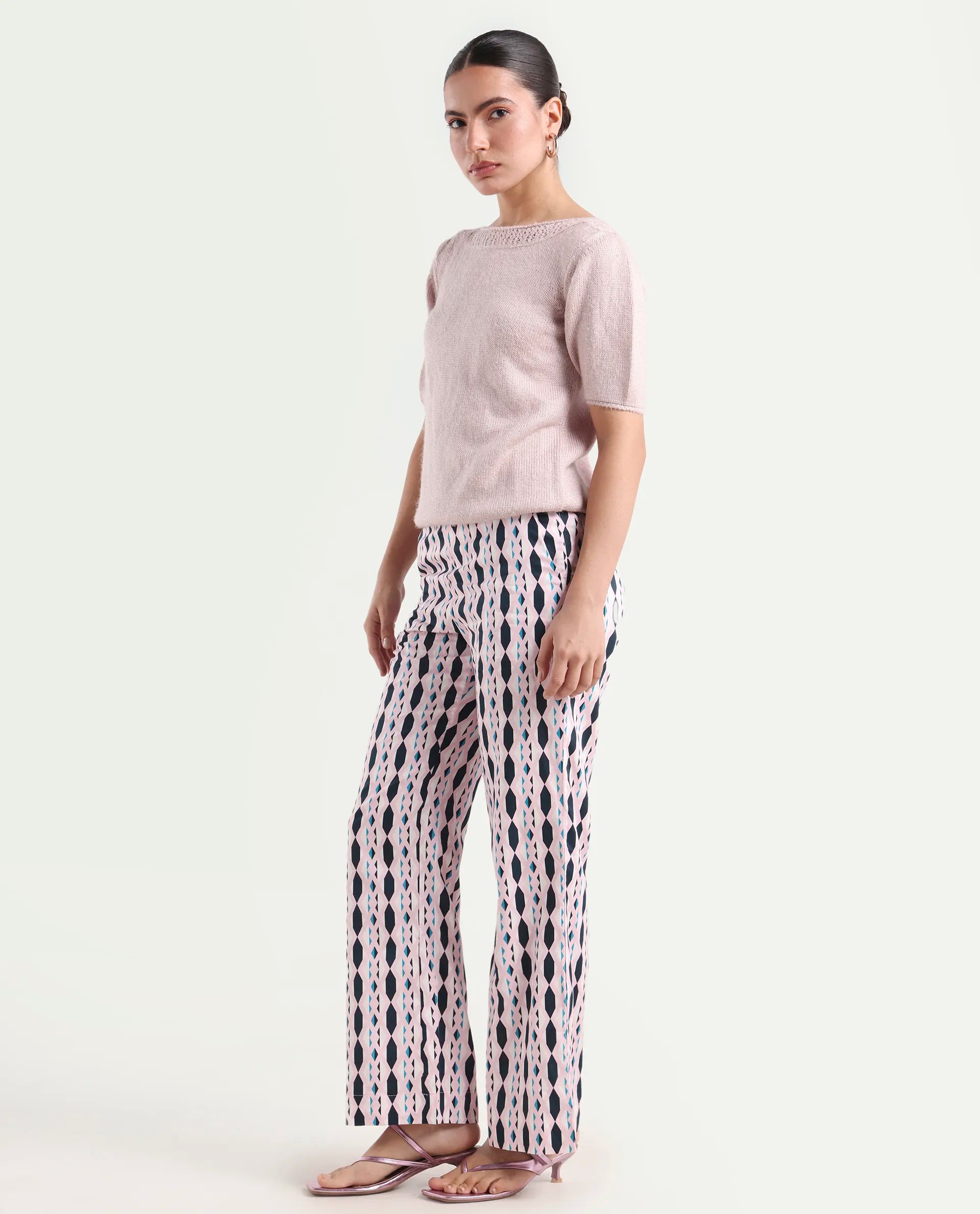 Rareism Women's Magia Light Multi Viscose Geometric Print Ankle Length Wide Leg Trouser