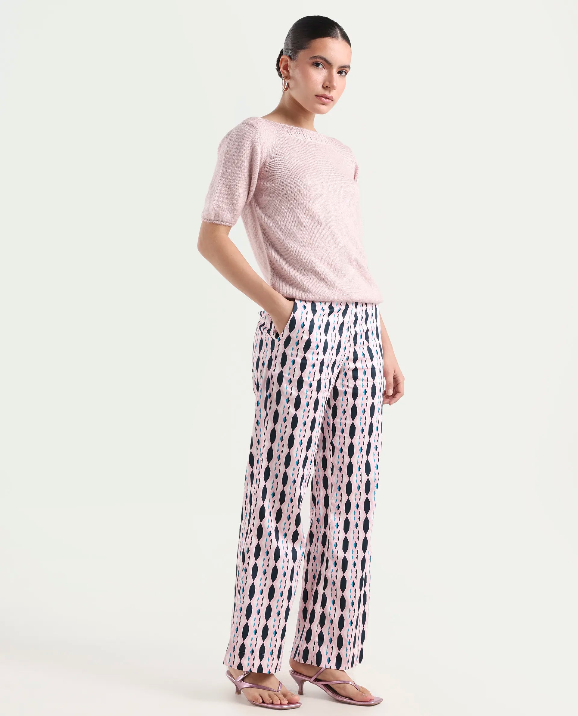 Rareism Women's Magia Light Multi Viscose Geometric Print Ankle Length Wide Leg Trouser