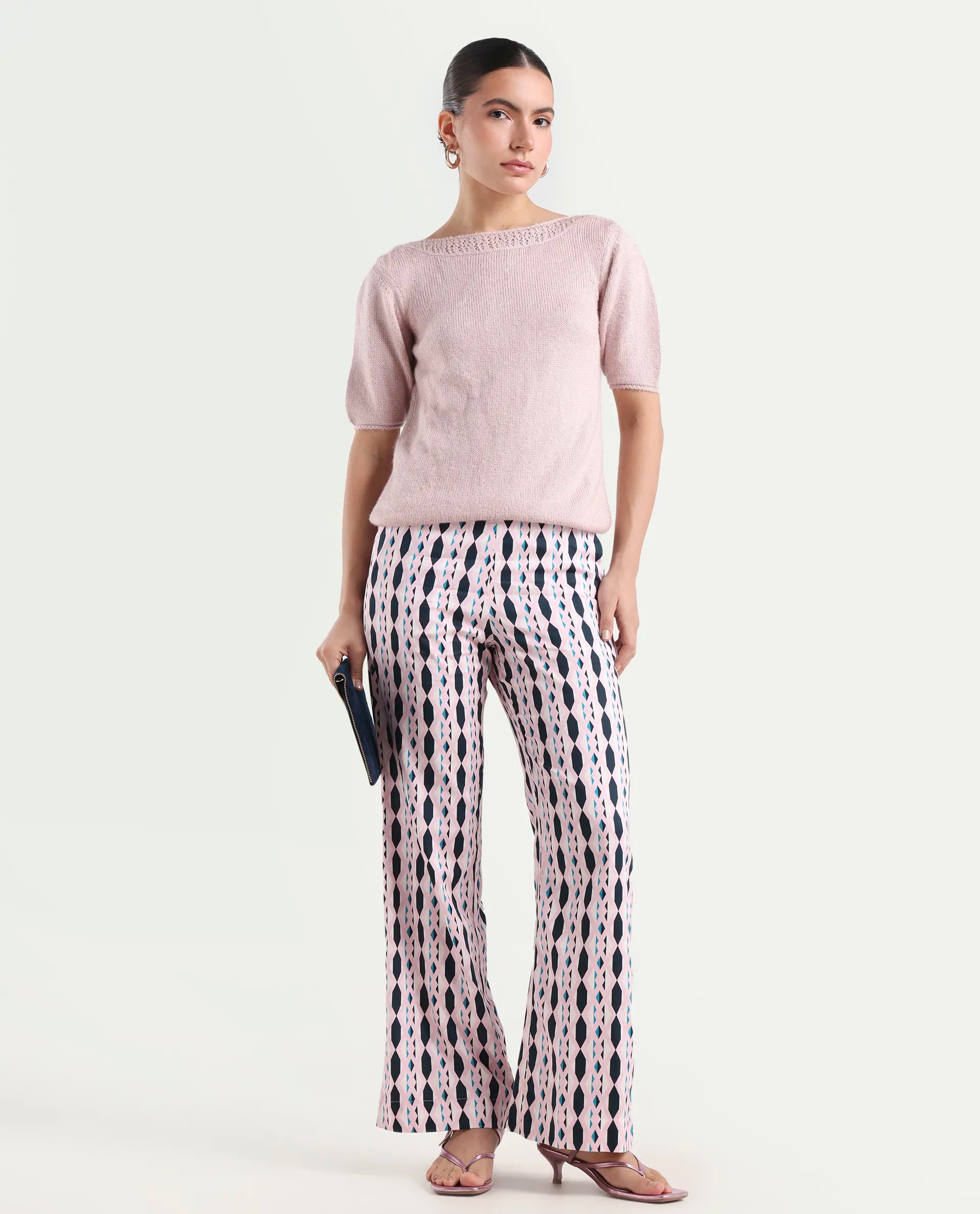 Rareism Women's Magia Light Multi Viscose Geometric Print Ankle Length Wide Leg Trouser