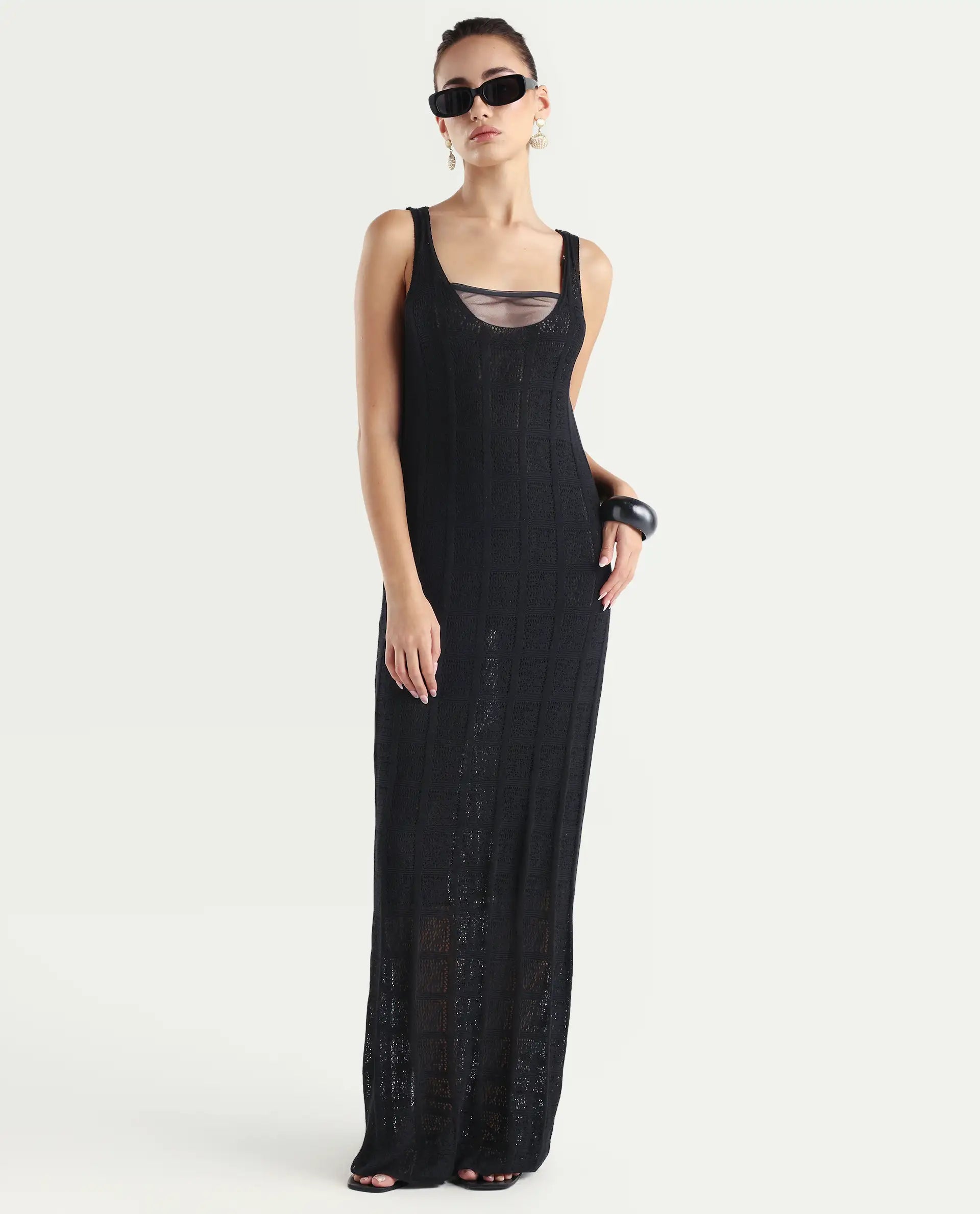 Rareism Women's Majoka Black Viscose U-Neck Plain Sleeveless Maxi Bodycon Dress