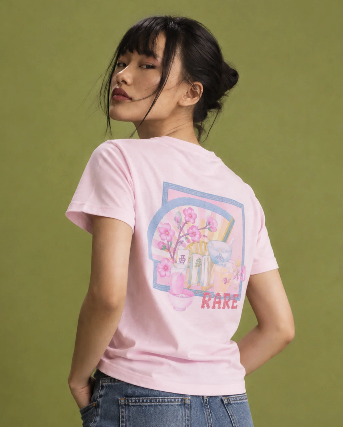Rareism Women's Majon Light Pink Cotton Blend Fabric Crew Neck Regular Digital Print T-Shirt