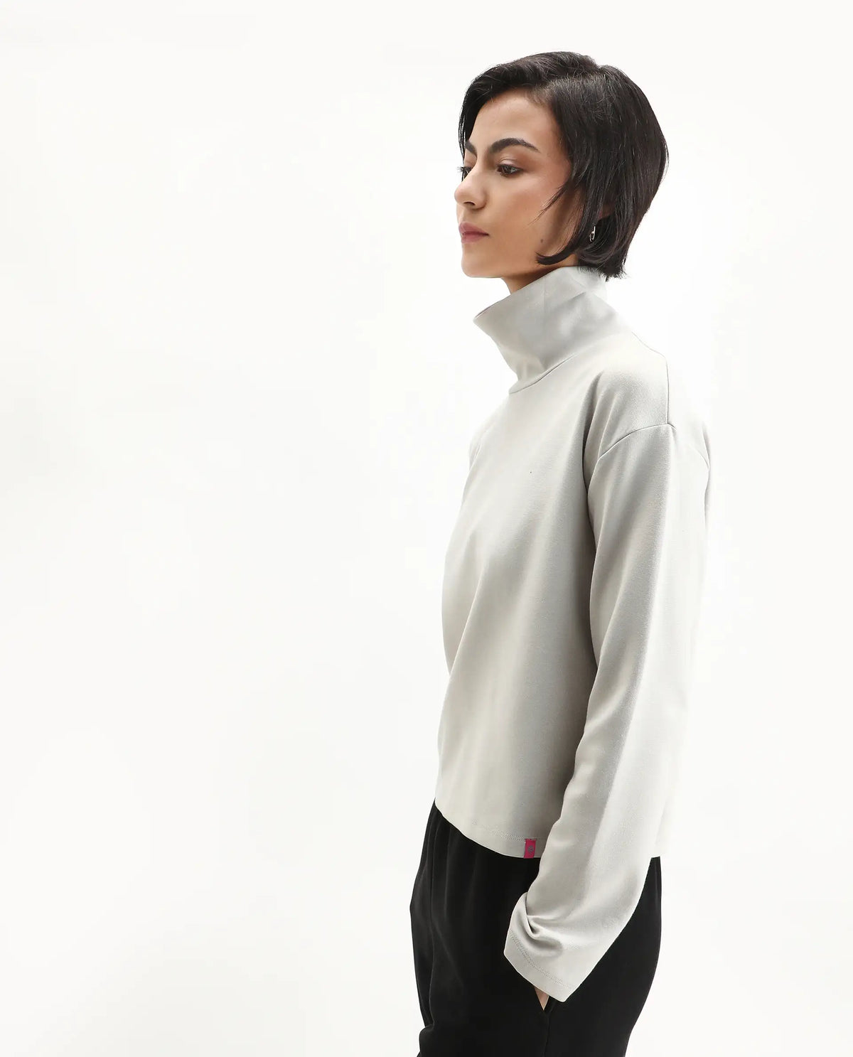 Rareism Women's Malatya Light Grey Cotton Blend Polo Neck Plain Slim Fit Top