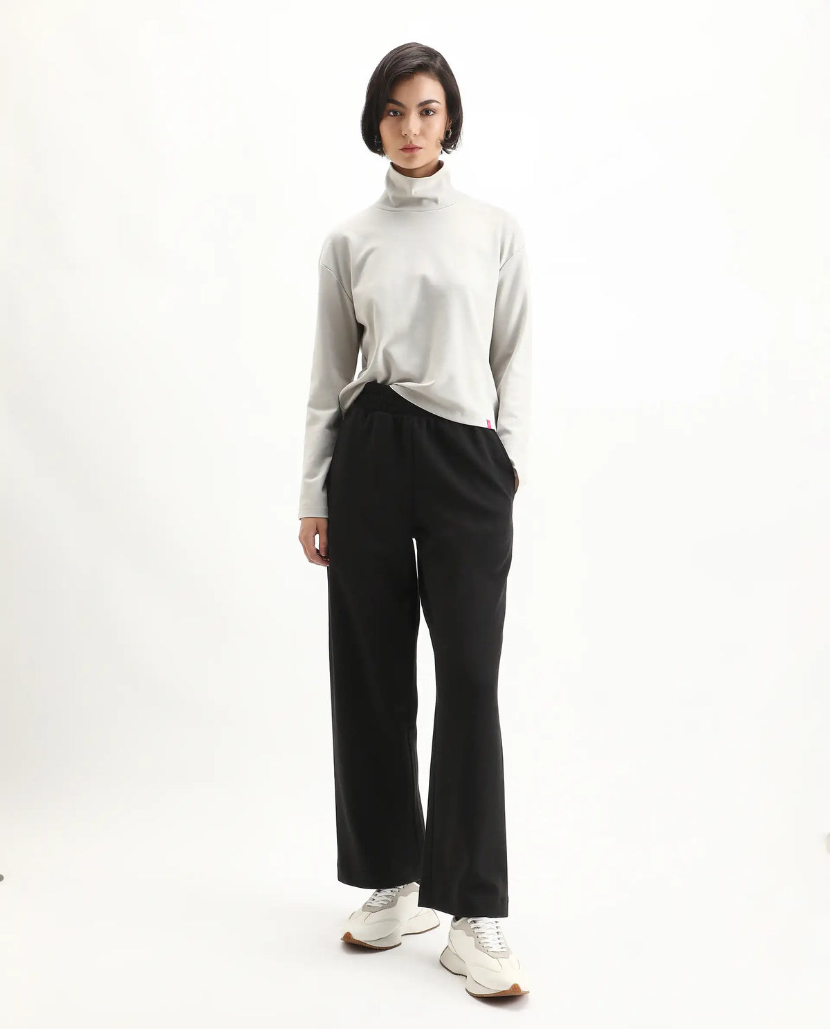 Rareism Women's Malatya Light Grey Cotton Blend Polo Neck Plain Slim Fit Top