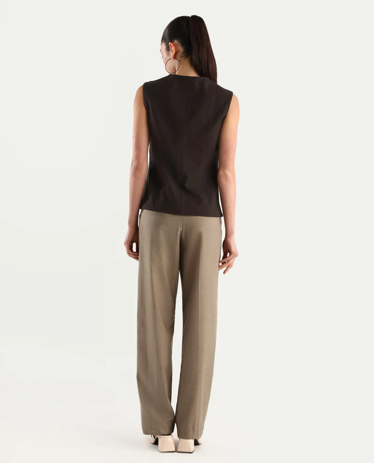 Rareism Women's Mals Beige Polyester Blend Plain Ankle Length Tapered Trouser
