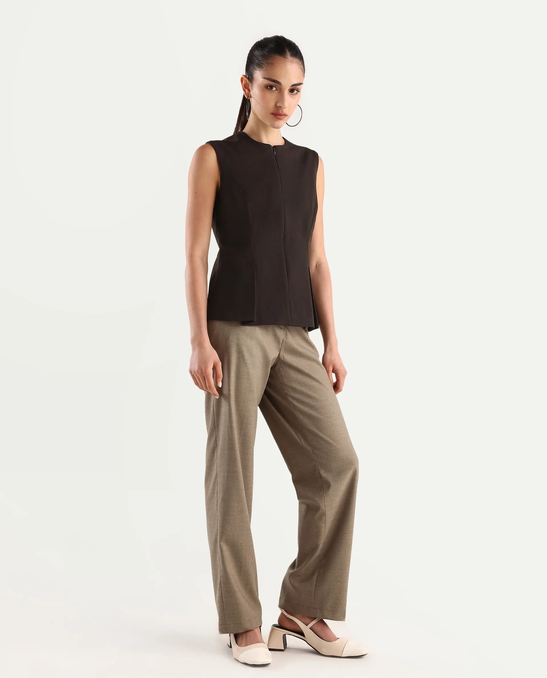 Rareism Women's Mals Beige Polyester Blend Plain Ankle Length Tapered Trouser