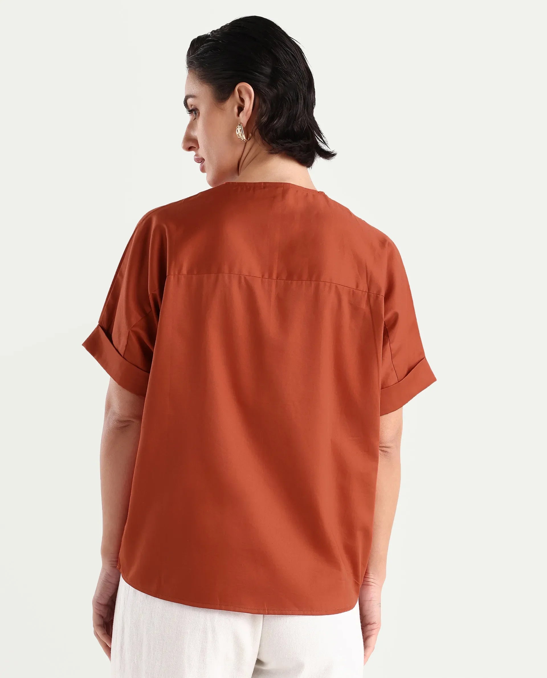 Rareism Women's Mars Rust Cotton V-Neck Boxy Fit Top
