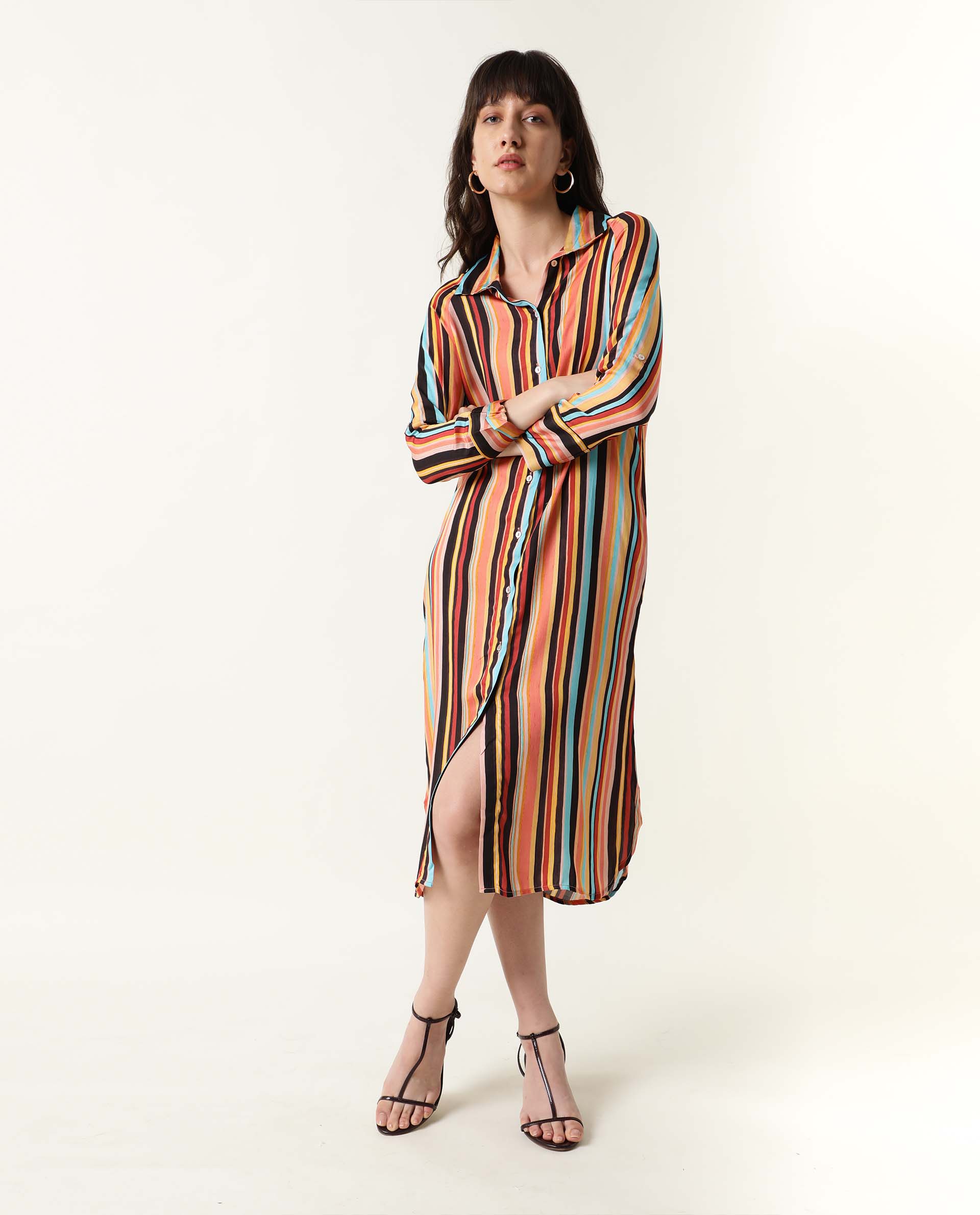 Rareism Women's Mathers Brown Spread Collar Striped Knee Length Regular Fit Dress