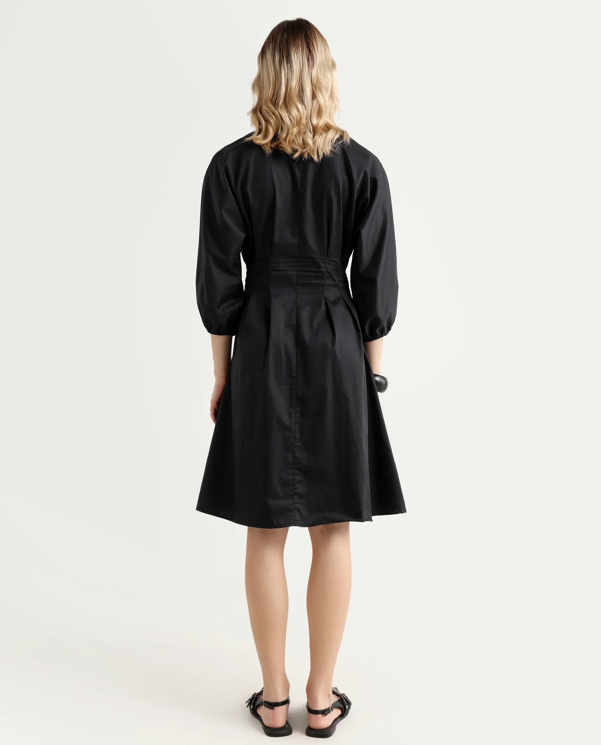 Rareism Women's Mayem Black Cotton Crew Neck Plain Volume Sleeve Knee Length Fit And Flare Dress