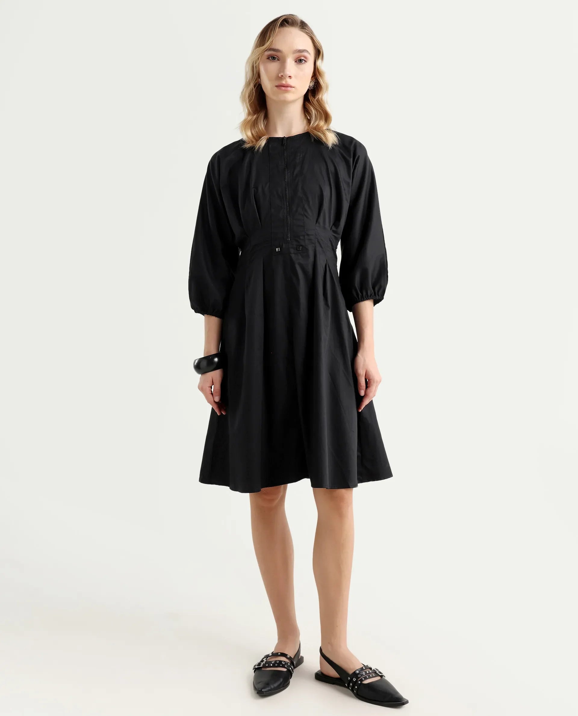 Rareism Women's Mayem Black Cotton Crew Neck Plain Volume Sleeve Knee Length Fit And Flare Dress