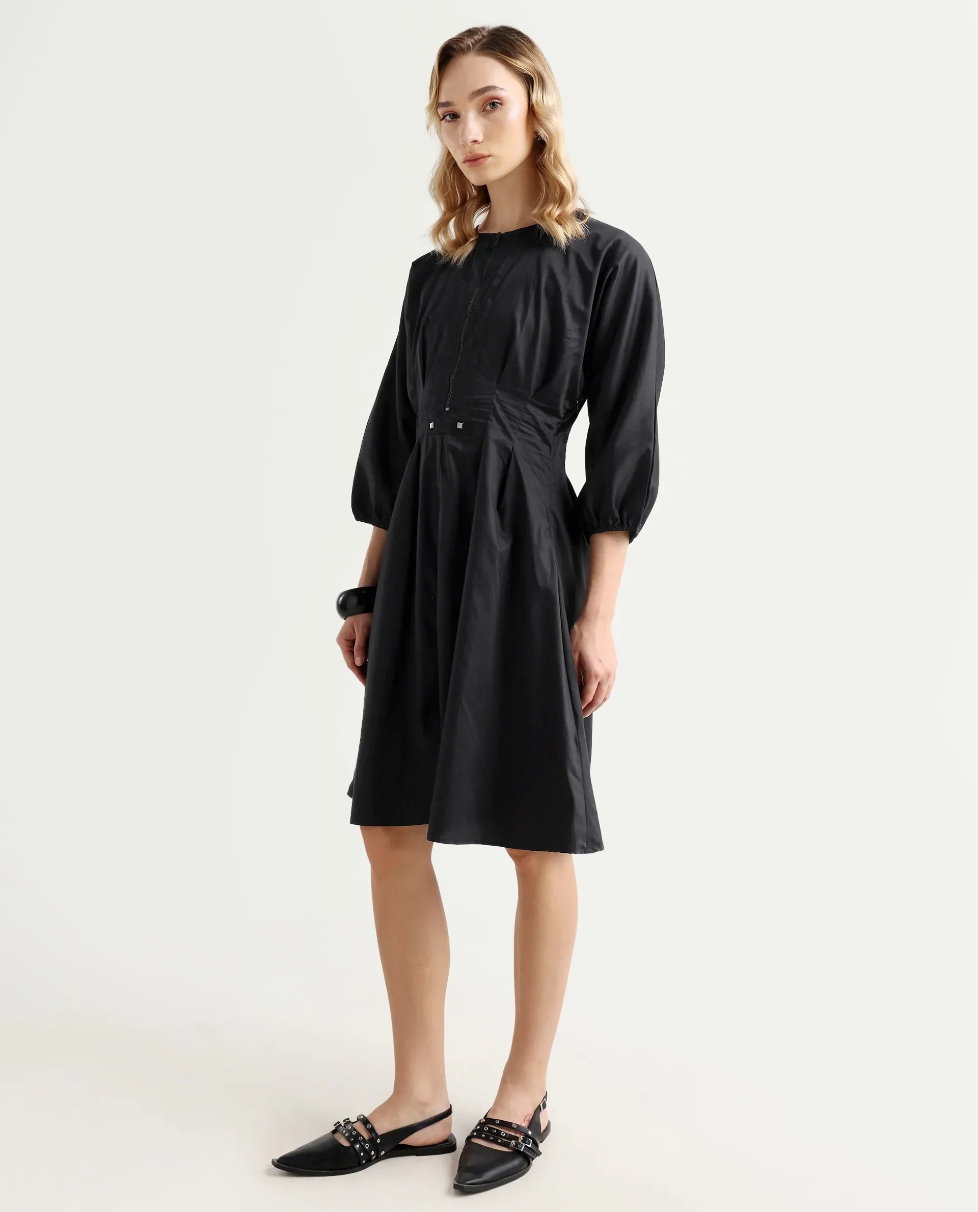Rareism Women's Mayem Black Cotton Crew Neck Plain Volume Sleeve Knee Length Fit And Flare Dress