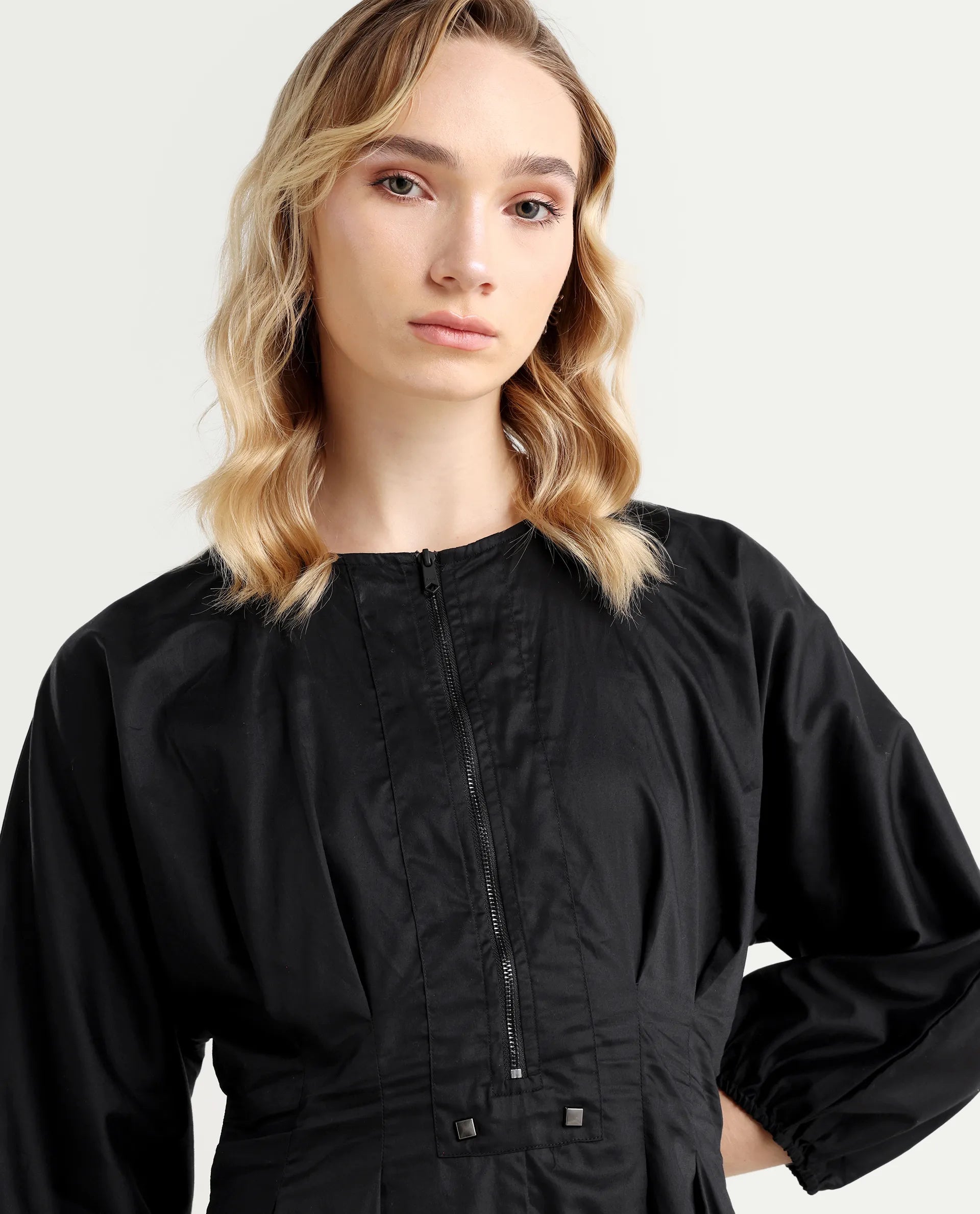 Rareism Women's Mayem Black Cotton Crew Neck Plain Volume Sleeve Knee Length Fit And Flare Dress