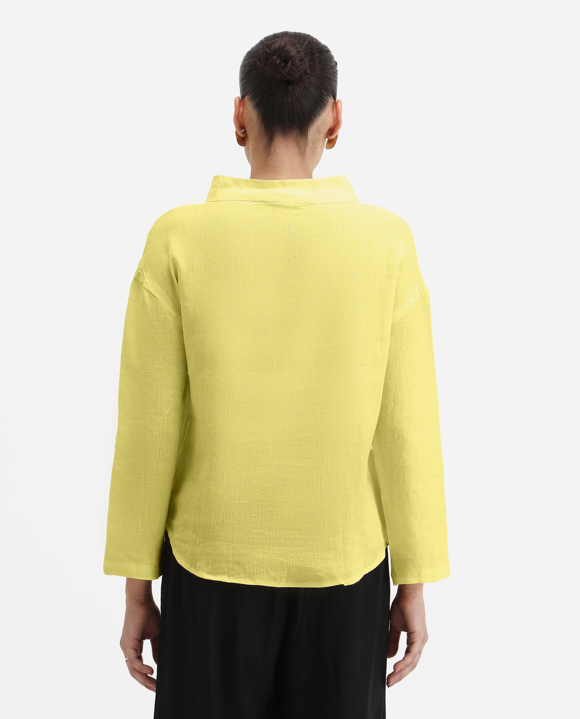 Rareism Women's Mayotte Pastel Yellow Linen Mandarin Collar Plain Relaxed Fit Top