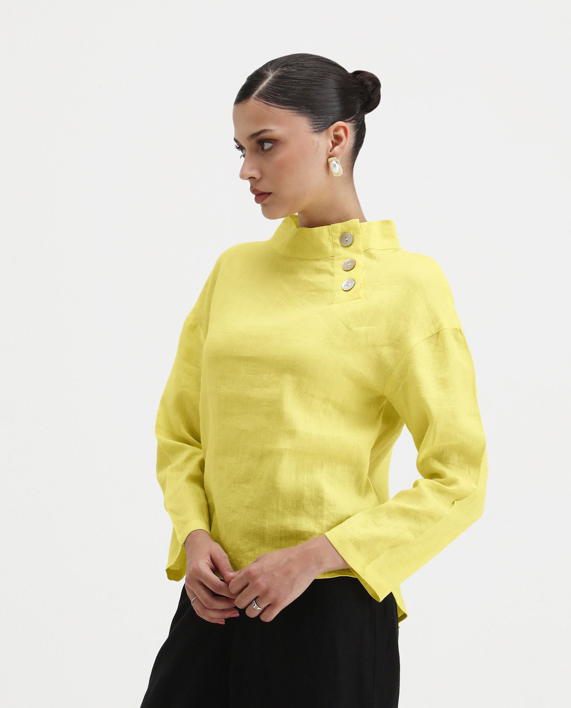 Rareism Women's Mayotte Pastel Yellow Linen Mandarin Collar Plain Relaxed Fit Top