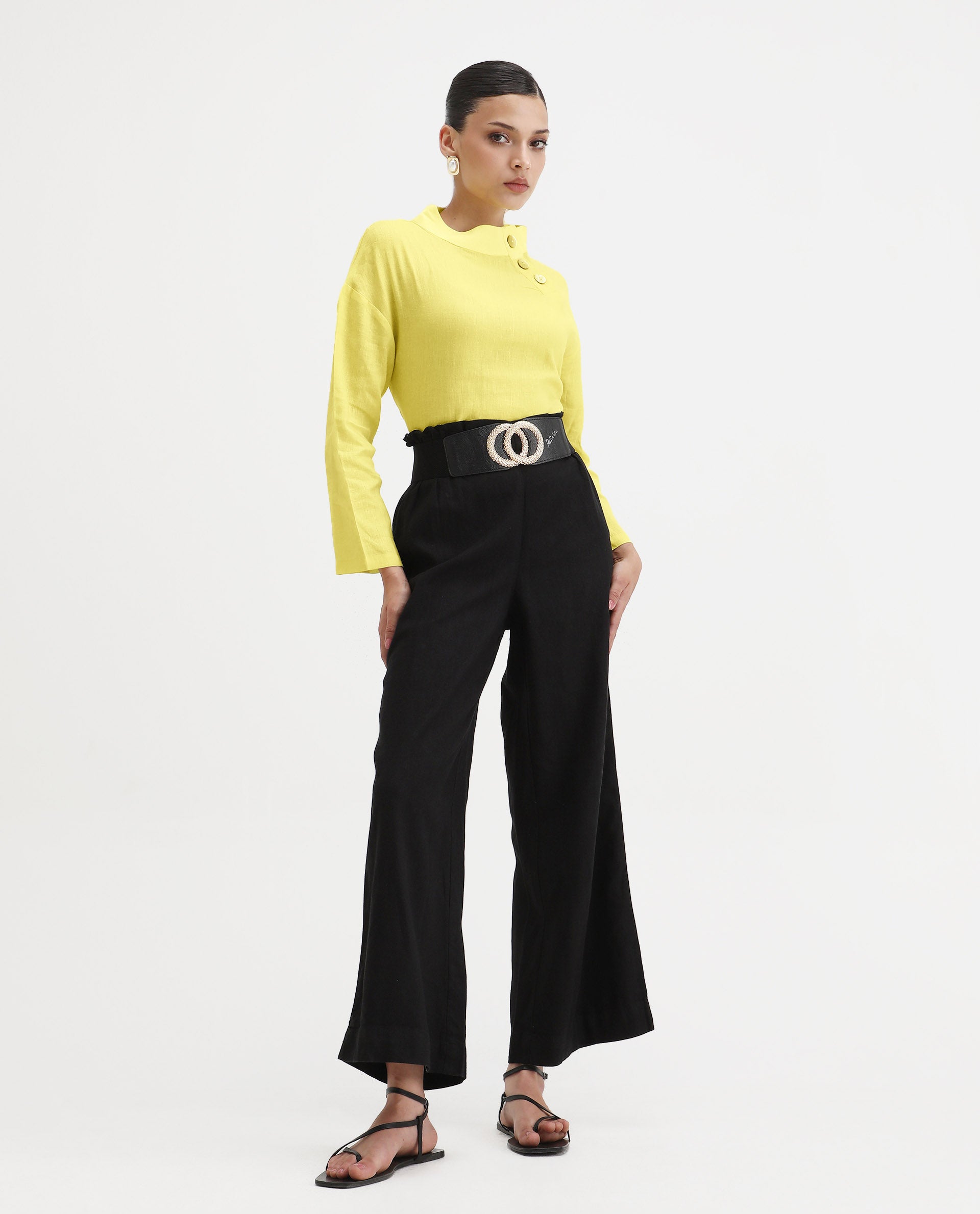 Rareism Women's Mayotte Pastel Yellow Linen Mandarin Collar Plain Relaxed Fit Top