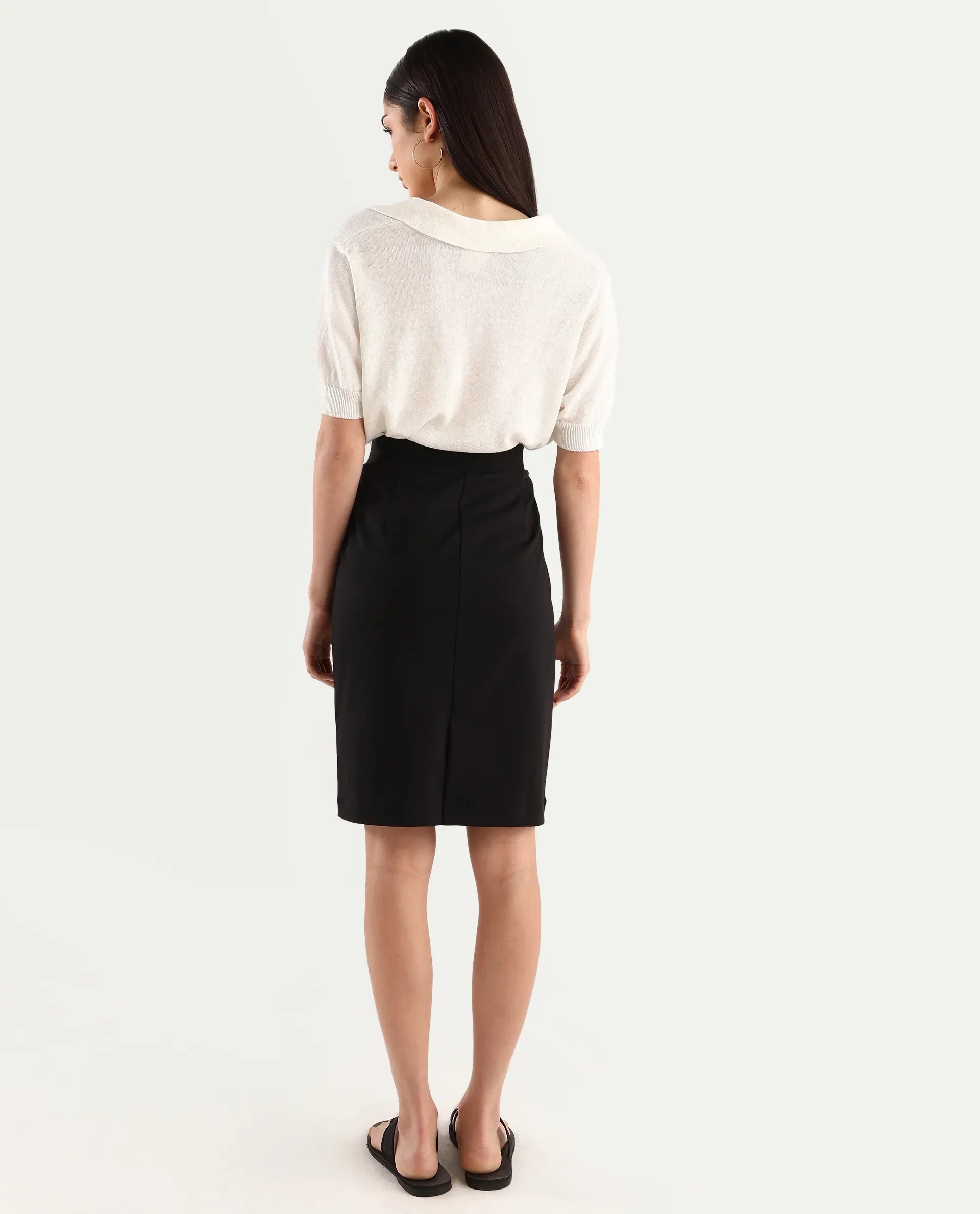 Rareism Women's Melunia Black Polyester Blend Plain Knee Length Straight Fit Skirt