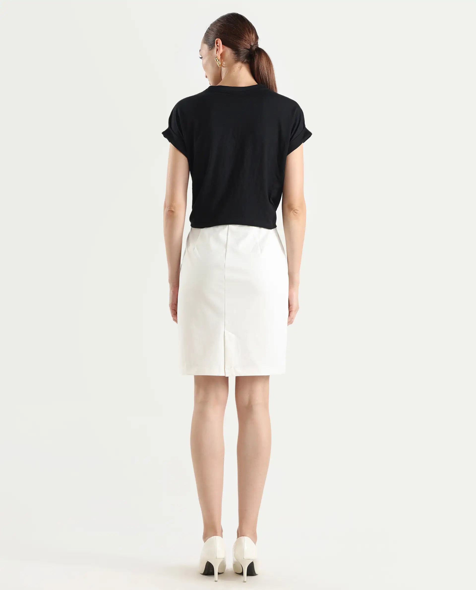 Rareism Women's Melunia White Polyester Blend Plain Knee Length Straight Fit Skirt