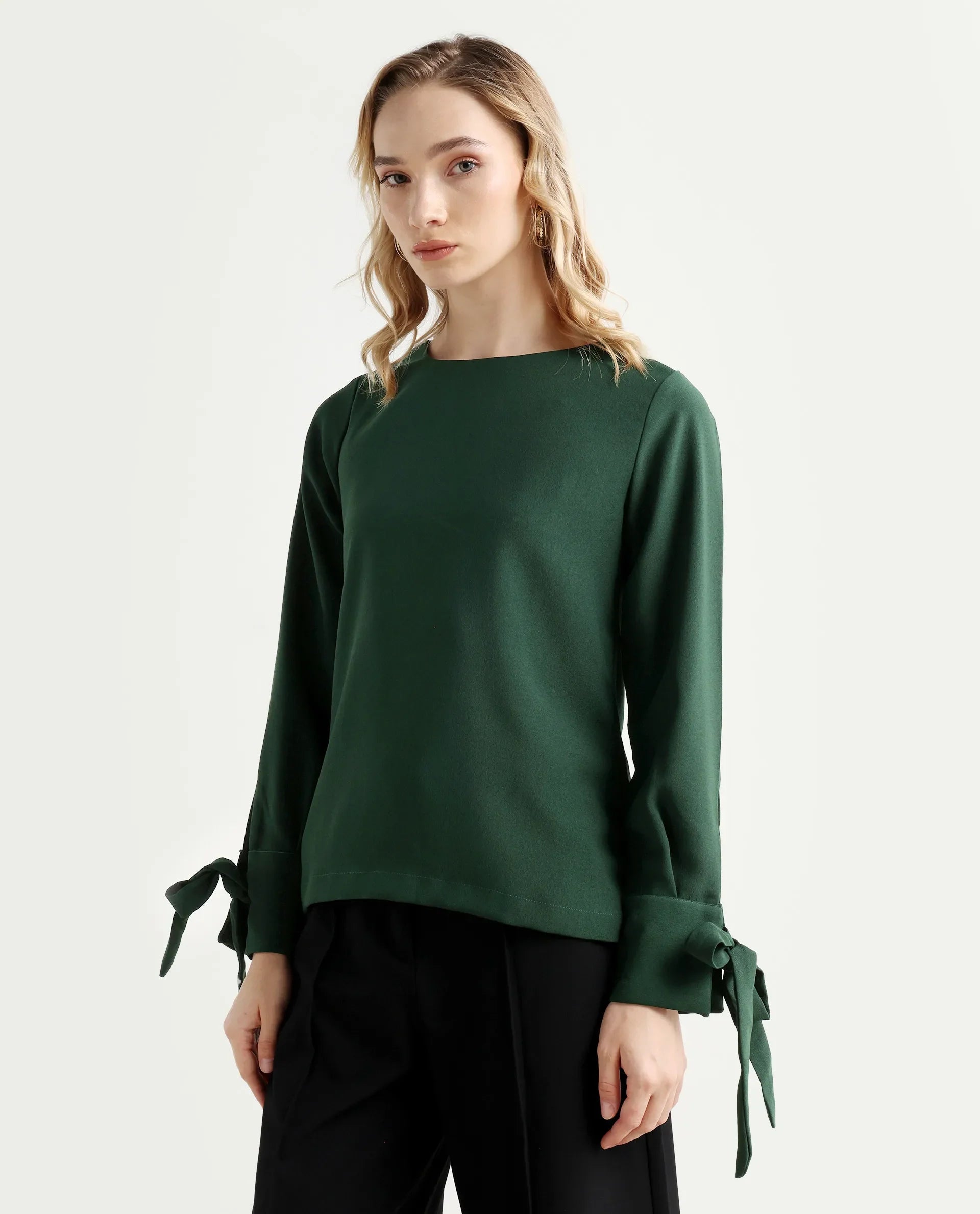 Rareism Women's Merach Green Polyester Boat Neck Plain Regular Fit Top