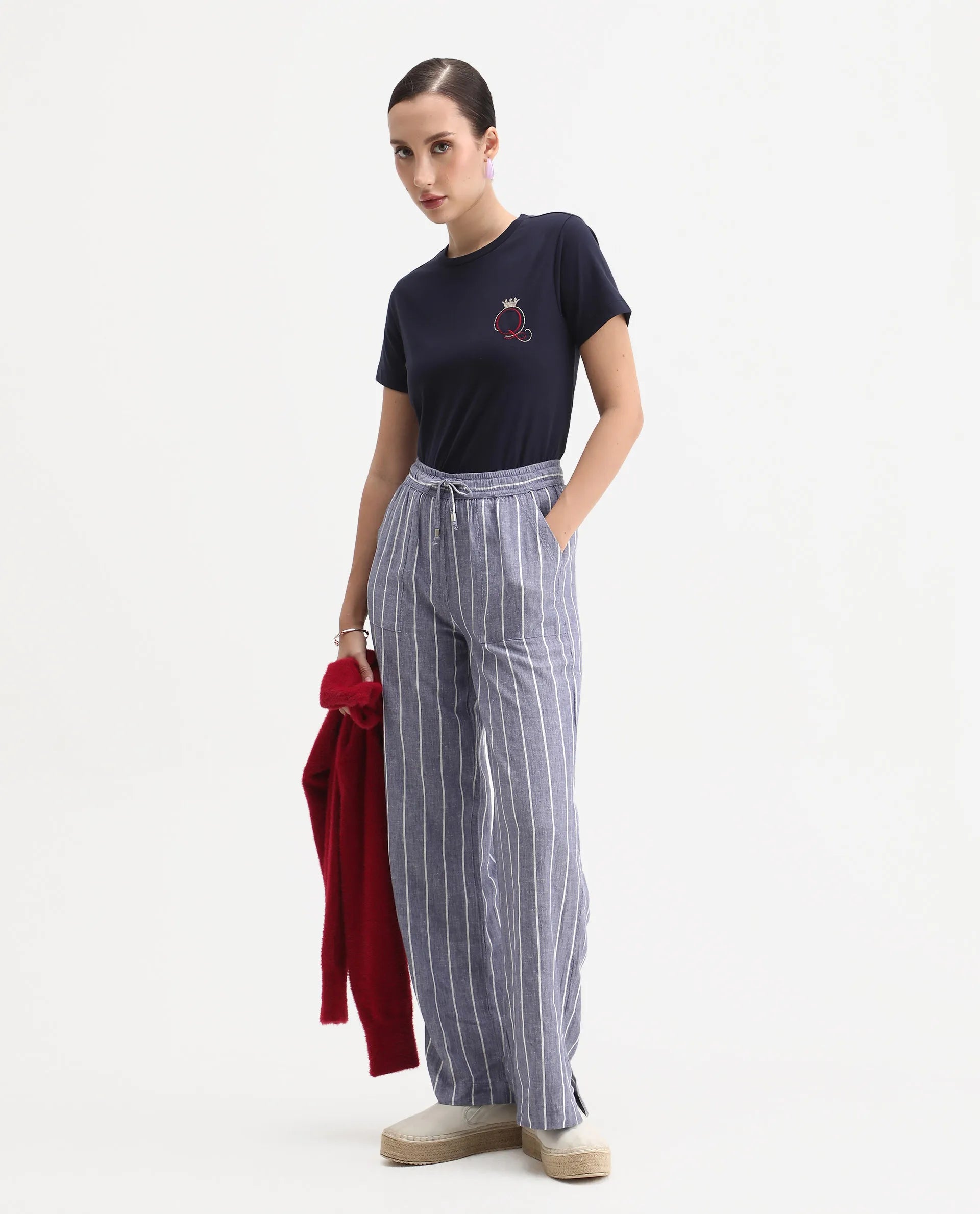 Rareism Women's Mer Navy Cotton Blend Crew Neck Regular Fit Printed T-Shirt