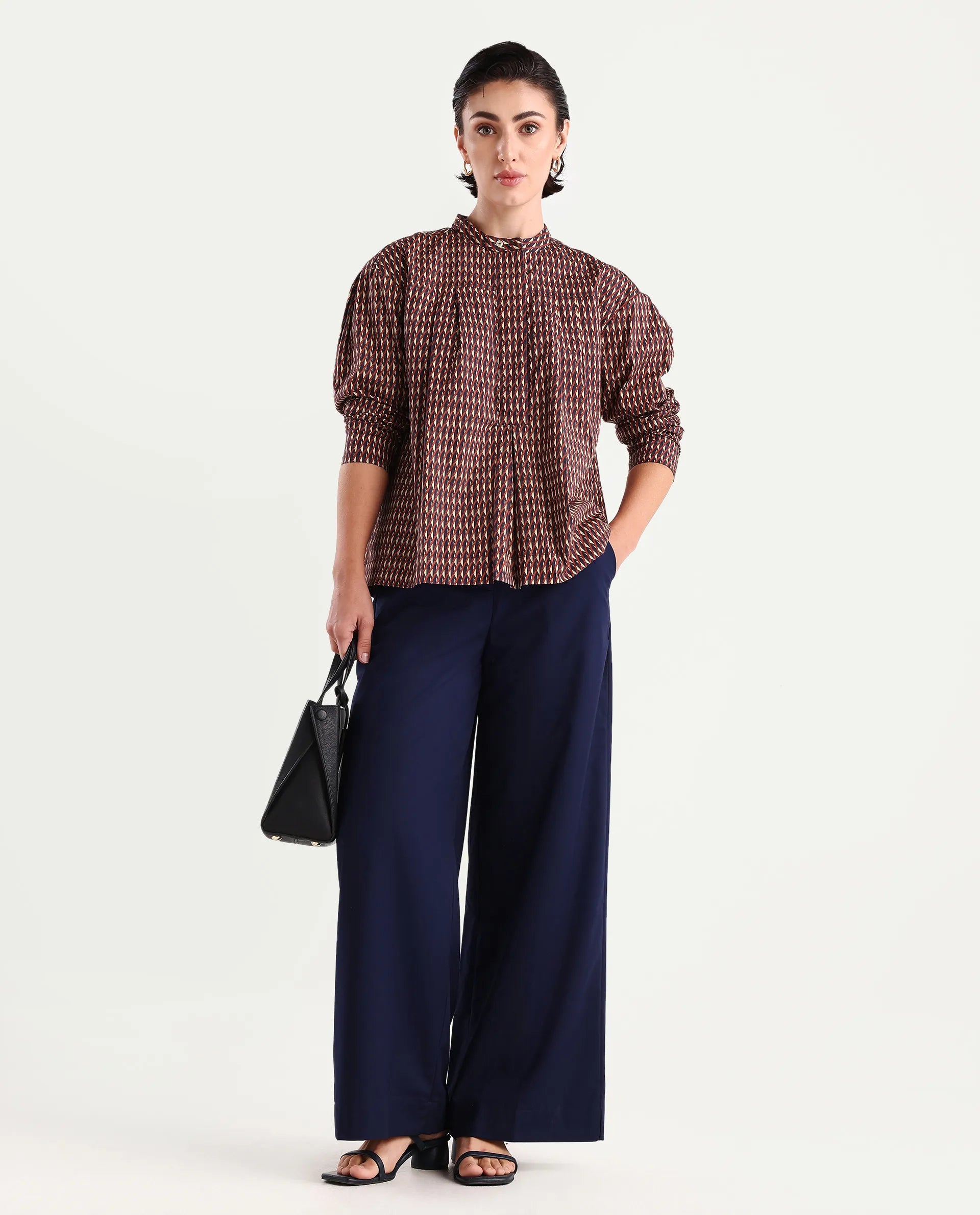 Rareism Women's Meteor Dark Multi Polyester Blend Mandarin Collar Geometric Print Relaxed Fit Top