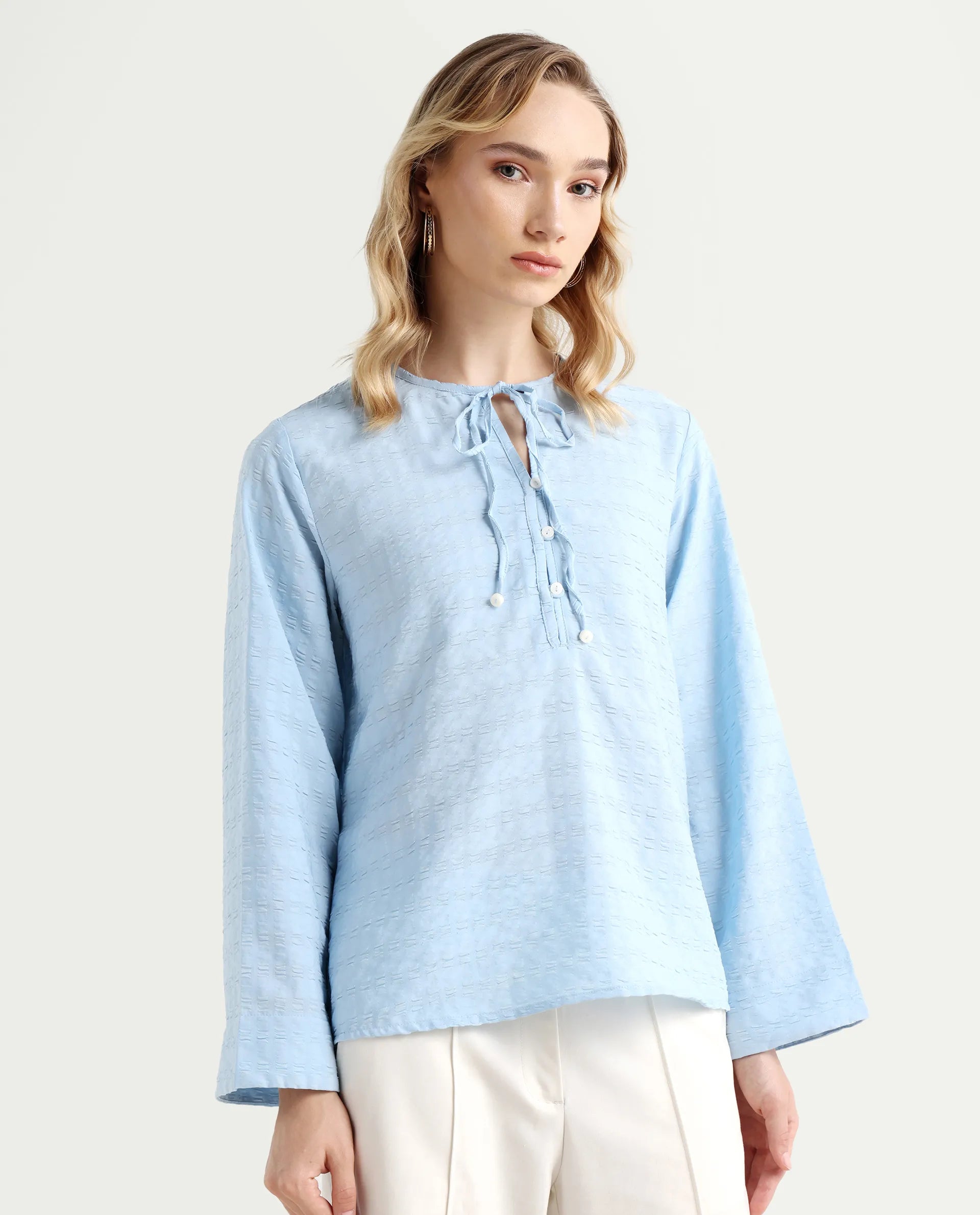 Rareism Women's Metio Blue Polyester Blend Tie-Up Neck Plain Relaxed Fit Top
