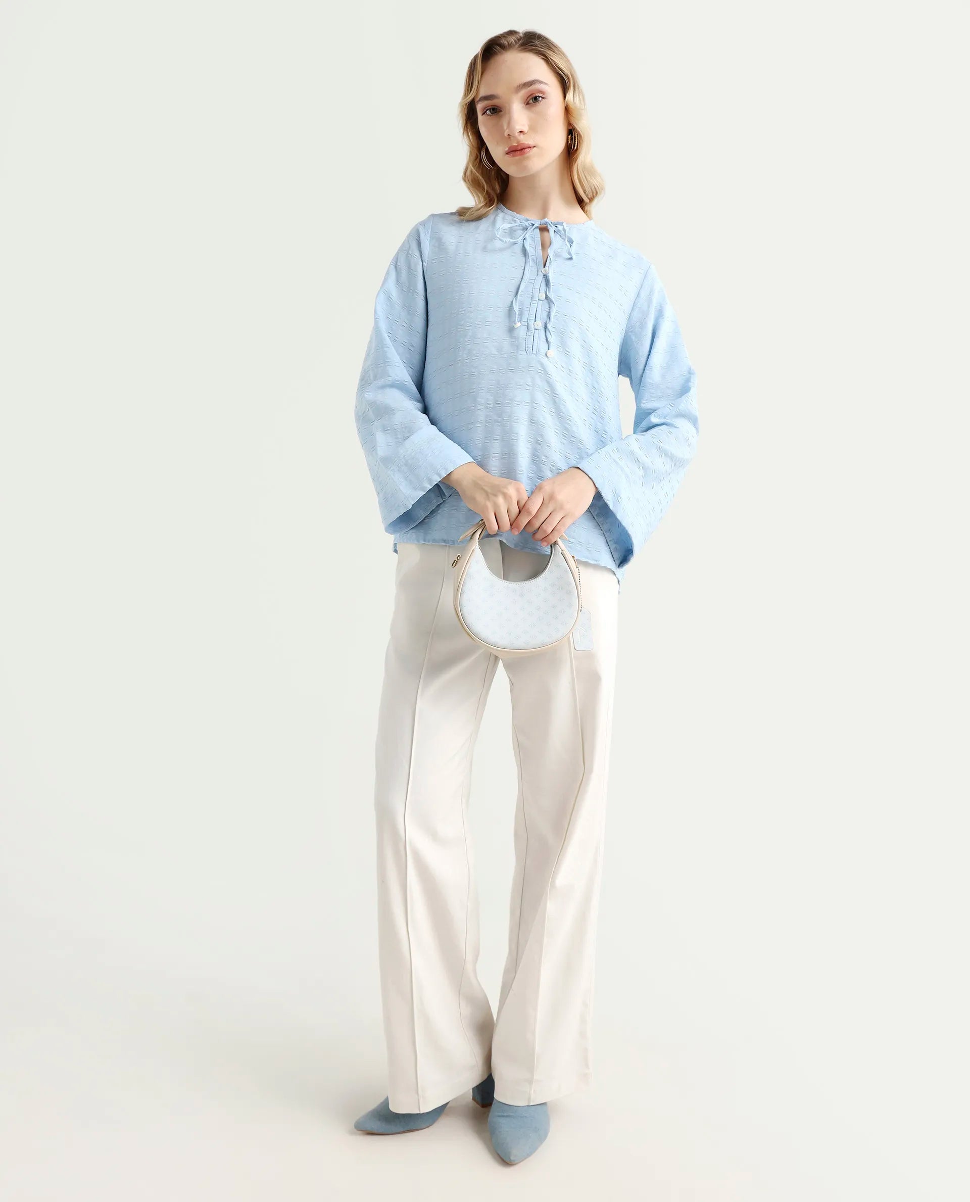 Rareism Women's Metio Blue Polyester Blend Tie-Up Neck Plain Relaxed Fit Top