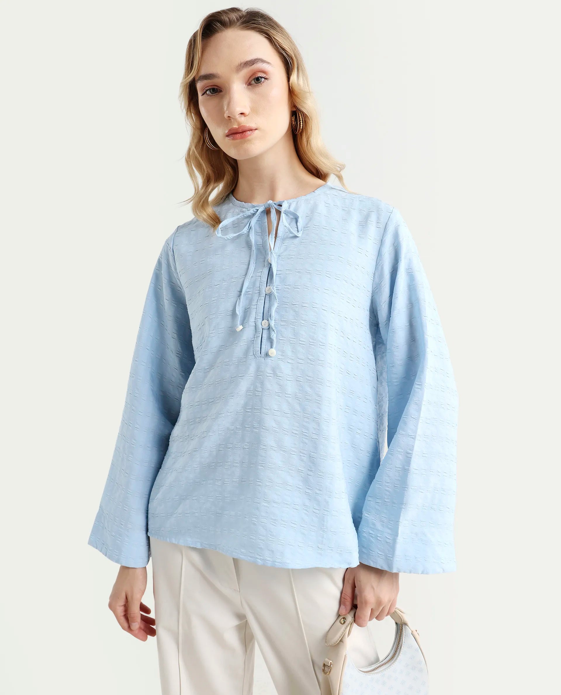 Rareism Women's Metio Blue Polyester Blend Tie-Up Neck Plain Relaxed Fit Top