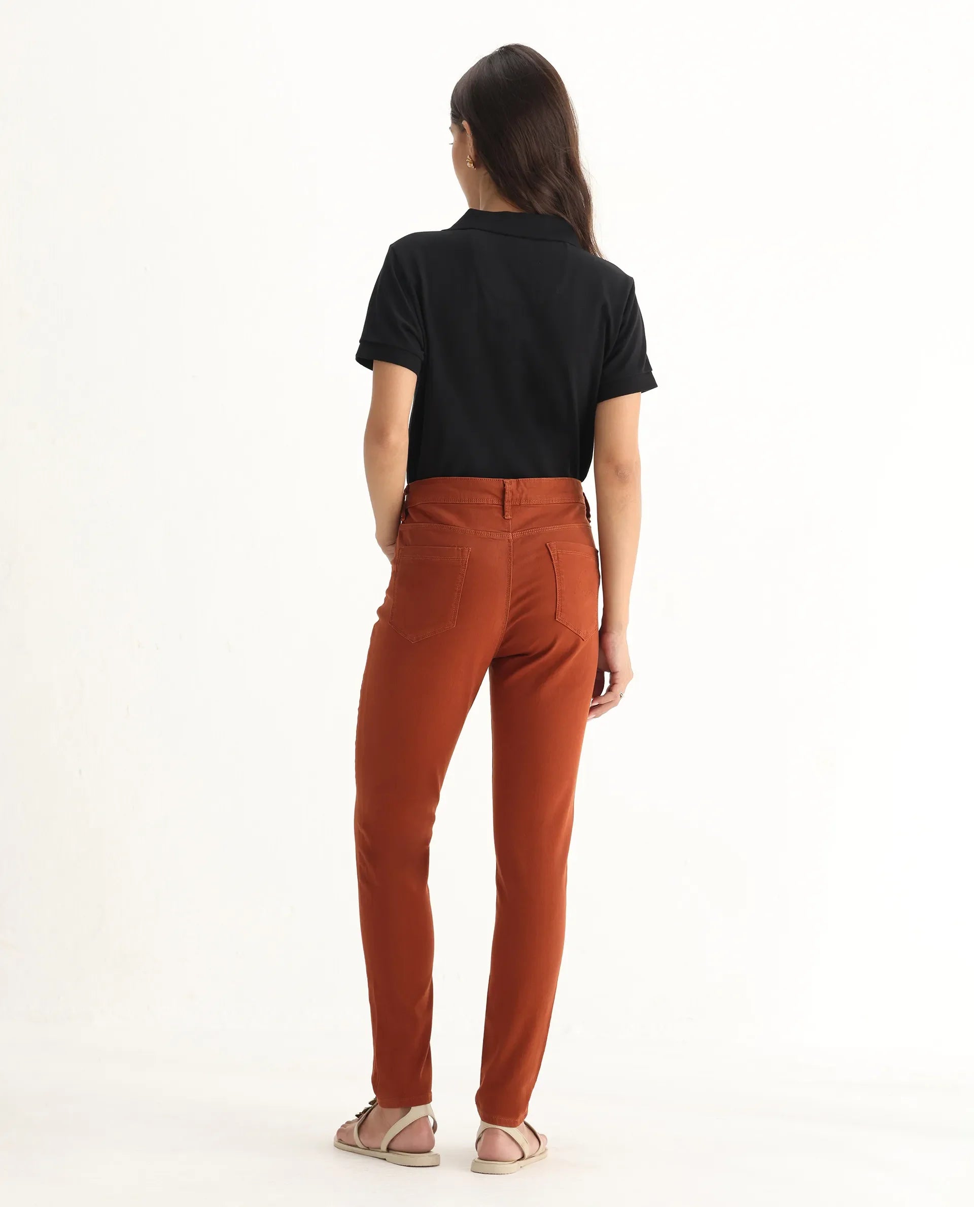 Rareism Women's Metty Rust Cotton Blend Plain Ankle Length Slim Fit Jeans