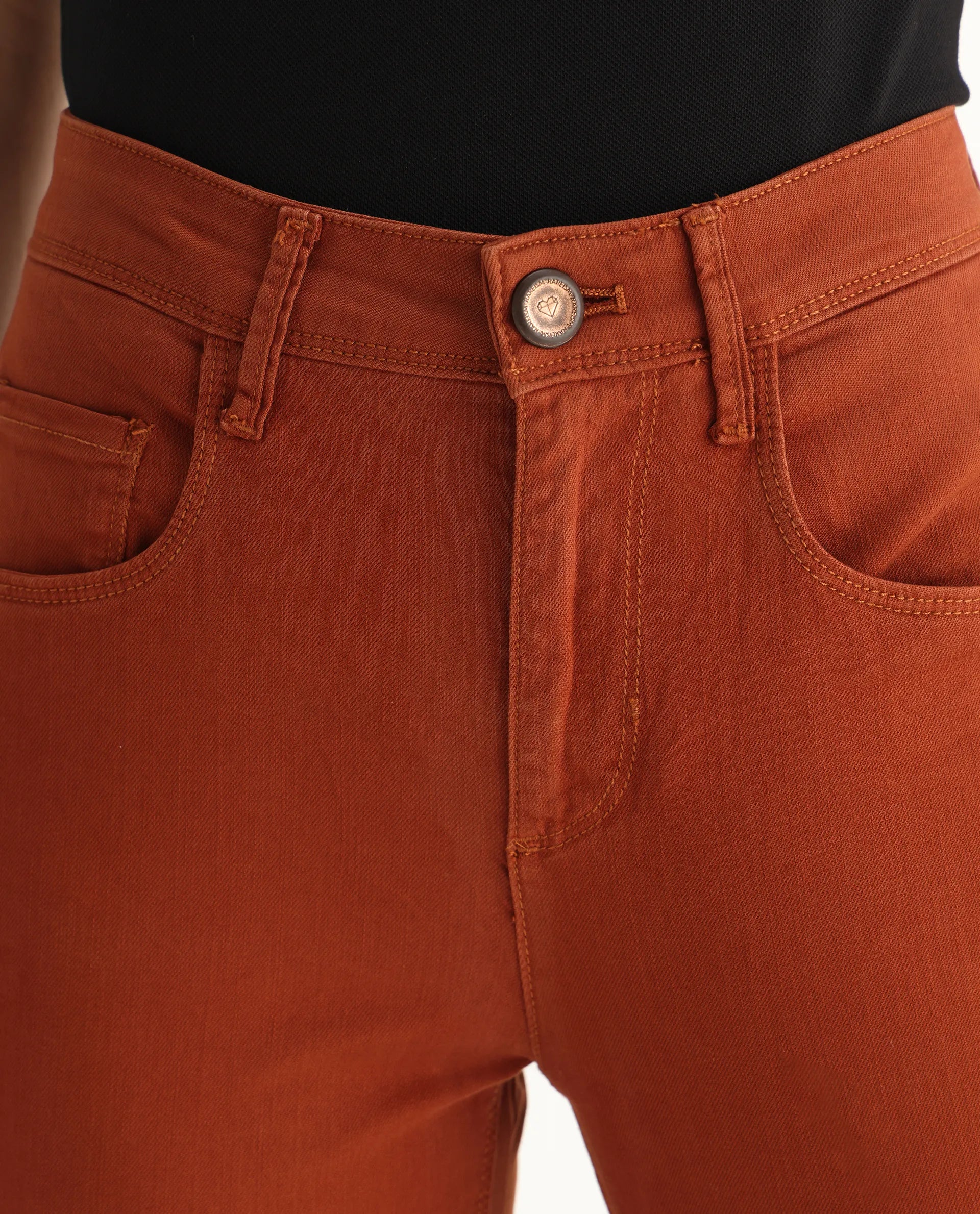 Rareism Women's Metty Rust Cotton Blend Plain Ankle Length Slim Fit Jeans