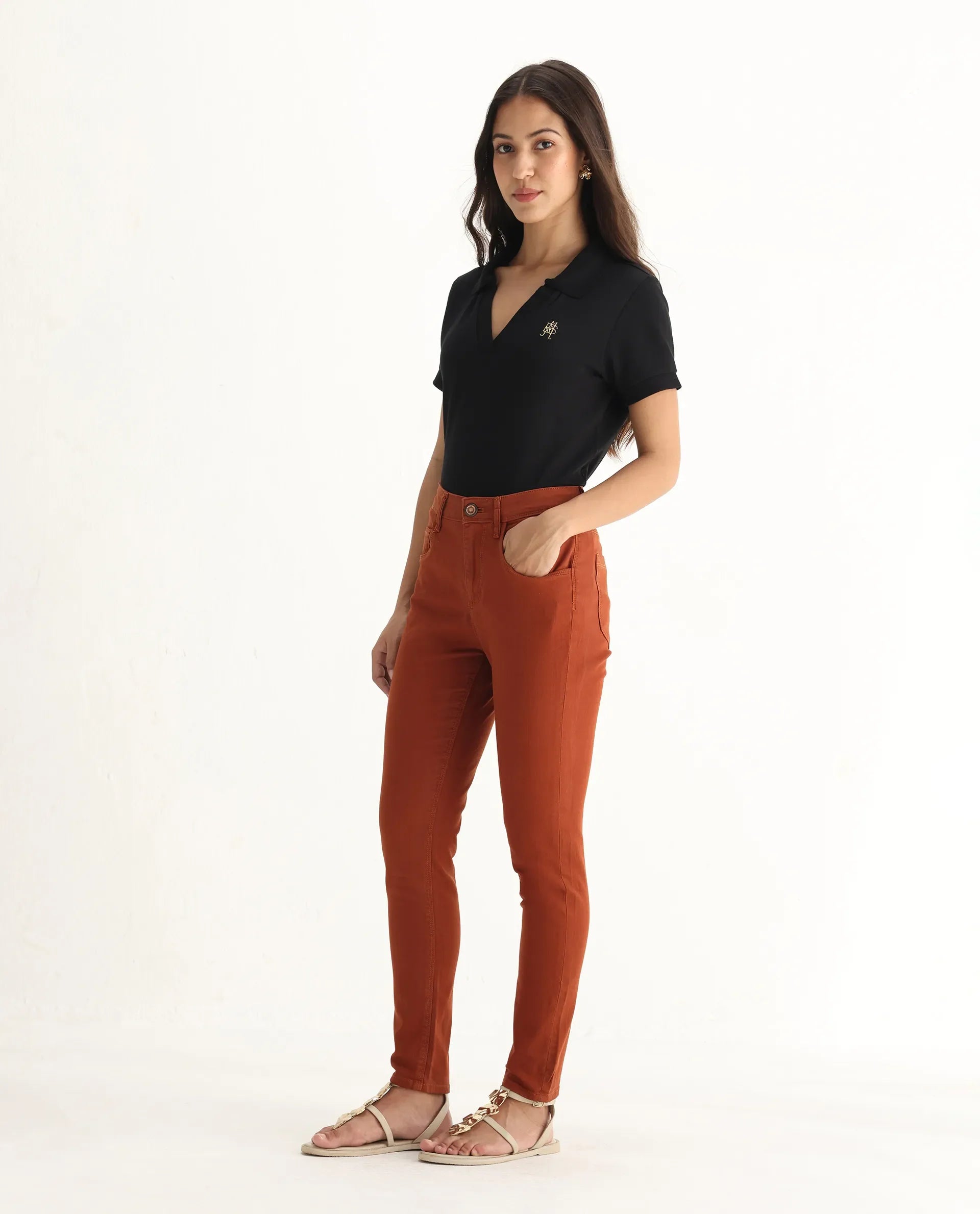 Rareism Women's Metty Rust Cotton Blend Plain Ankle Length Slim Fit Jeans