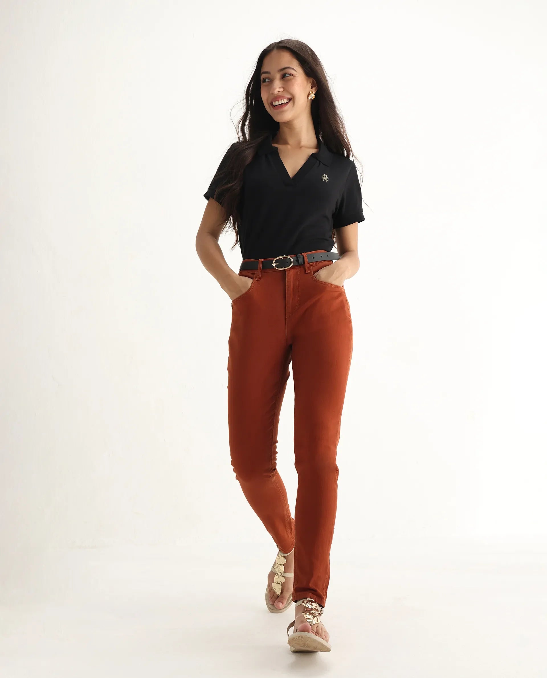 Rareism Women's Metty Rust Cotton Blend Plain Ankle Length Slim Fit Jeans