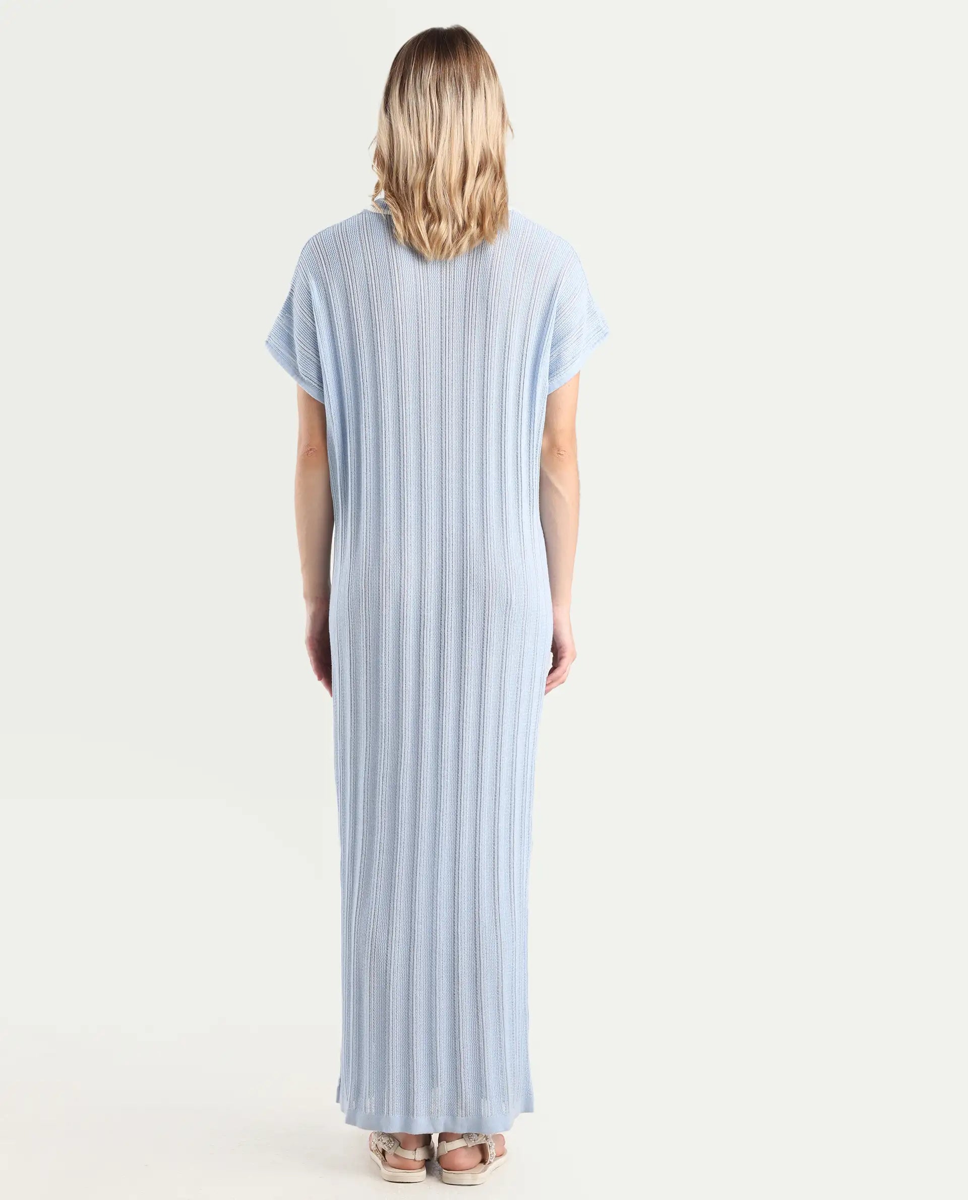 Rareism Women's Meyora Light Blue Cotton Johnny Collar Plain Extended Sleeves Maxi Bodycon Dress