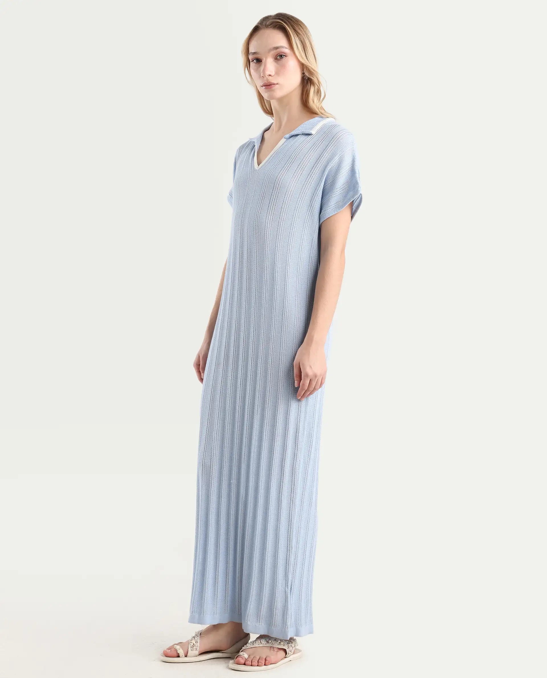 Rareism Women's Meyora Light Blue Cotton Johnny Collar Plain Extended Sleeves Maxi Bodycon Dress