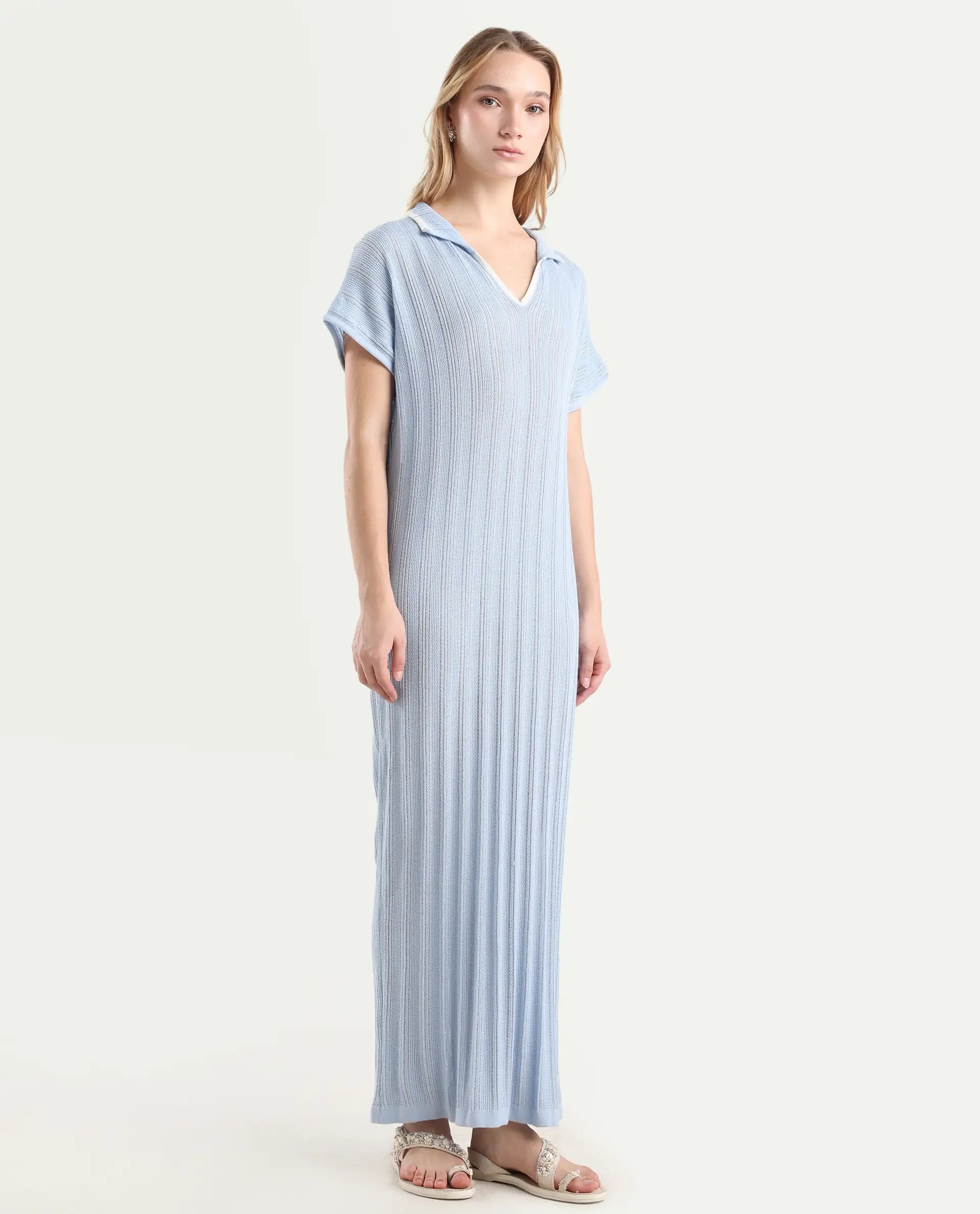 Rareism Women's Meyora Light Blue Cotton Johnny Collar Plain Extended Sleeves Maxi Bodycon Dress