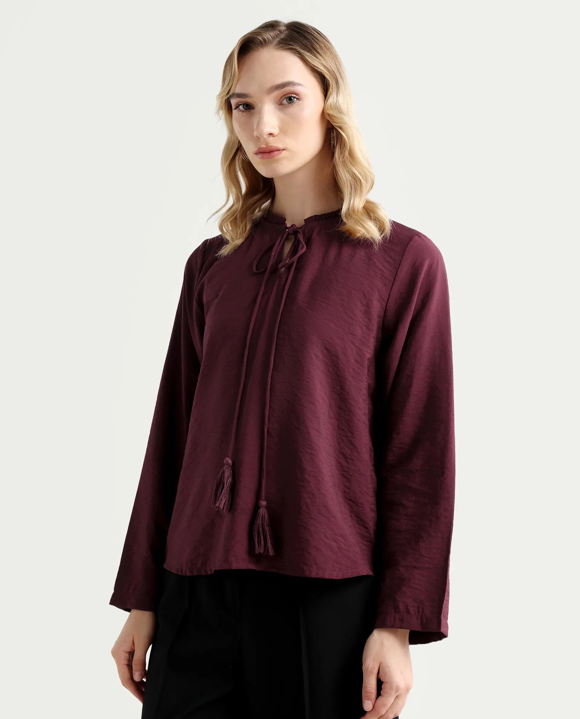 Rareism Women's Mili Maroon Nylon Blend Sweetheart Neck Plain Ruffled Sleeve Regular Fit Top
