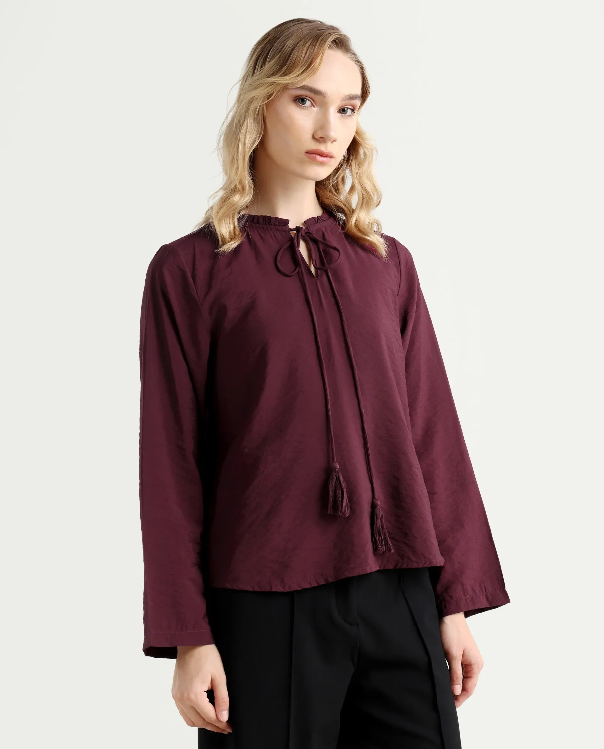 Rareism Women's Mili Maroon Nylon Blend Sweetheart Neck Plain Ruffled Sleeve Regular Fit Top