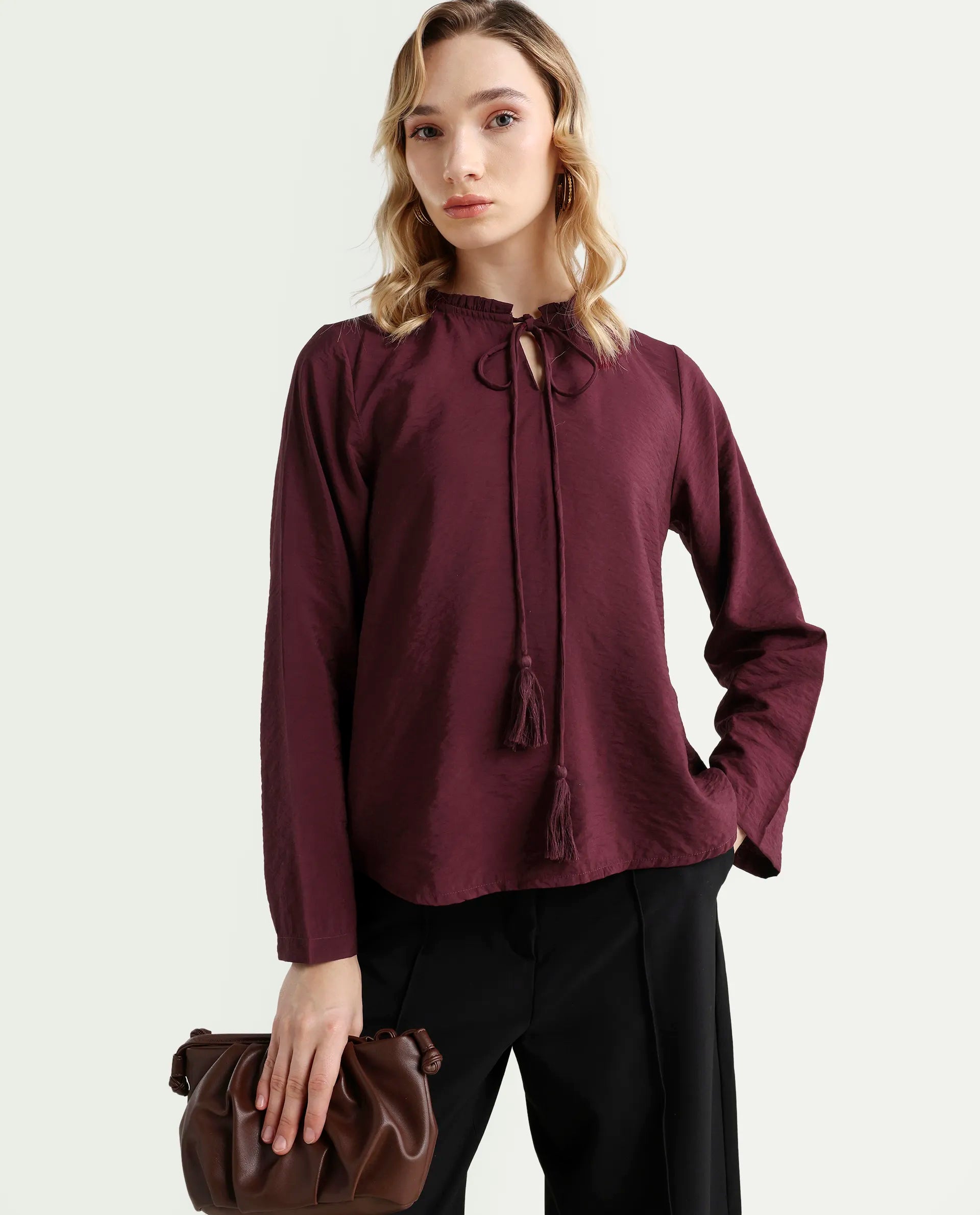 Rareism Women's Mili Maroon Nylon Blend Sweetheart Neck Plain Ruffled Sleeve Regular Fit Top