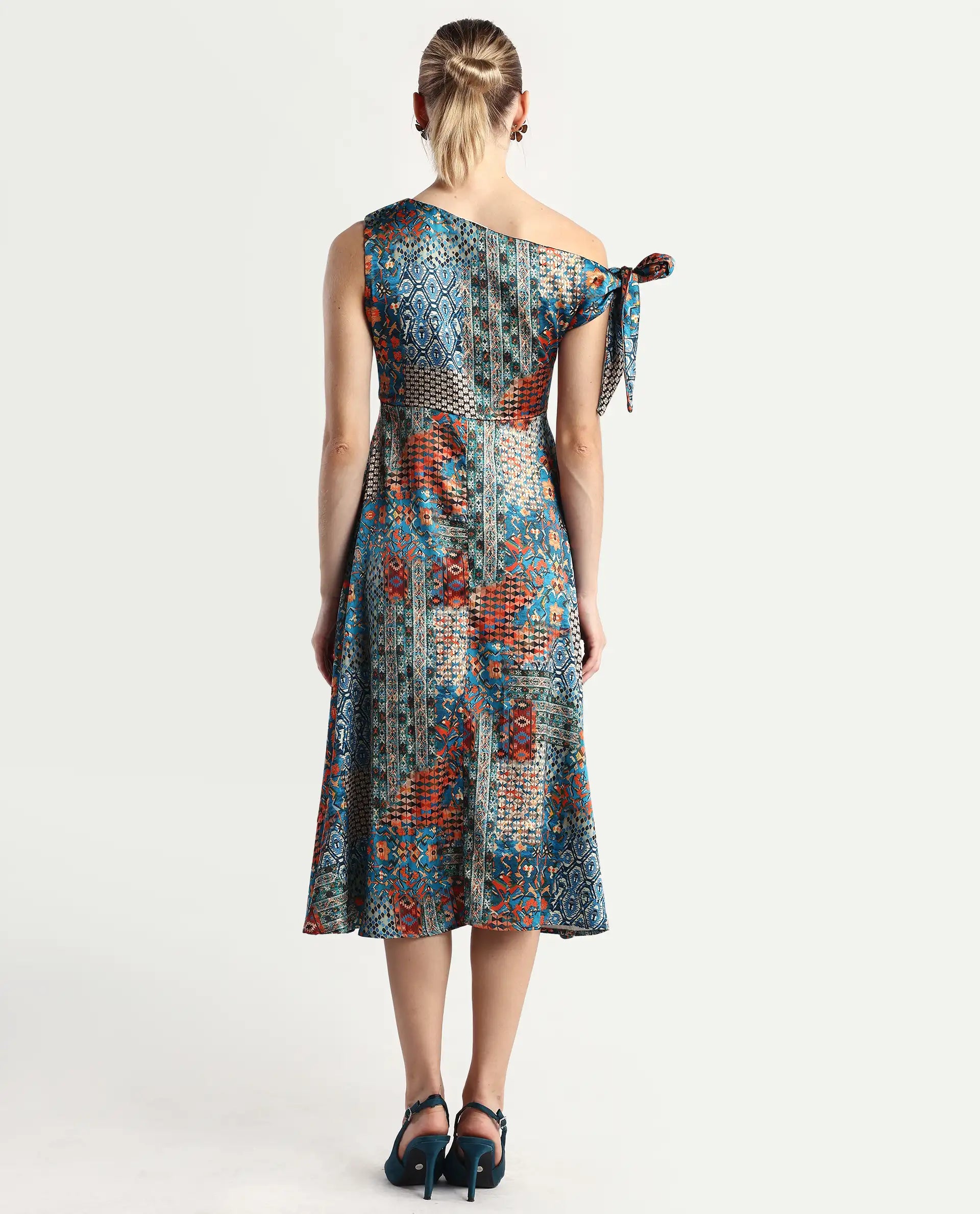 Rareism Women's Minican Multi Satin Asymmetric Neck Abstract Print Tie Up Sleeve Midi Asymmetric Dress