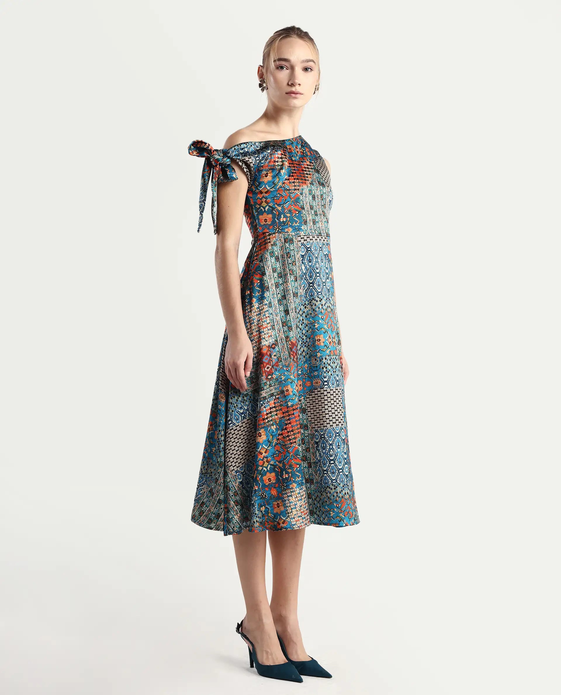 Rareism Women's Minican Multi Satin Asymmetric Neck Abstract Print Tie Up Sleeve Midi Asymmetric Dress