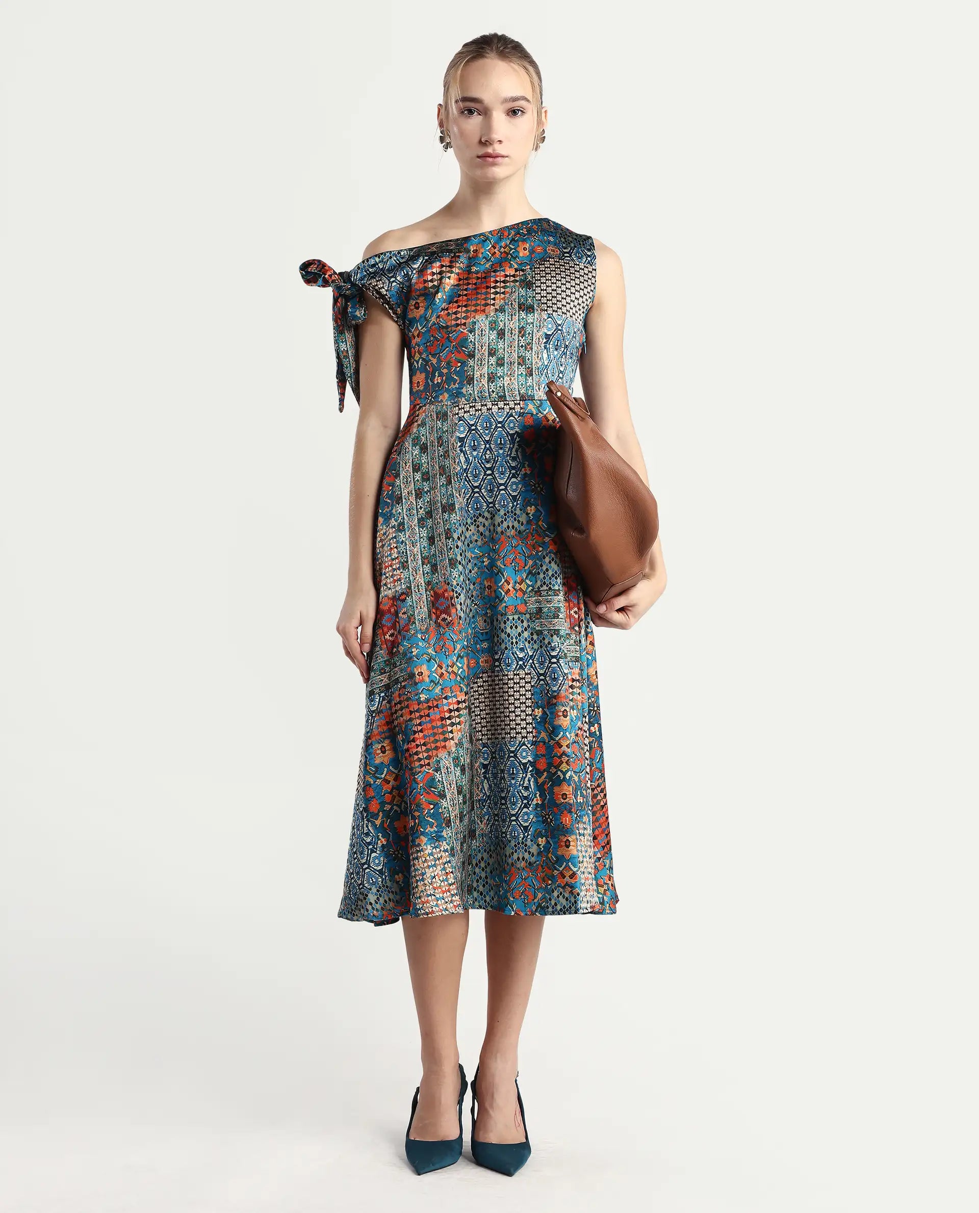 Rareism Women's Minican Multi Satin Asymmetric Neck Abstract Print Tie Up Sleeve Midi Asymmetric Dress