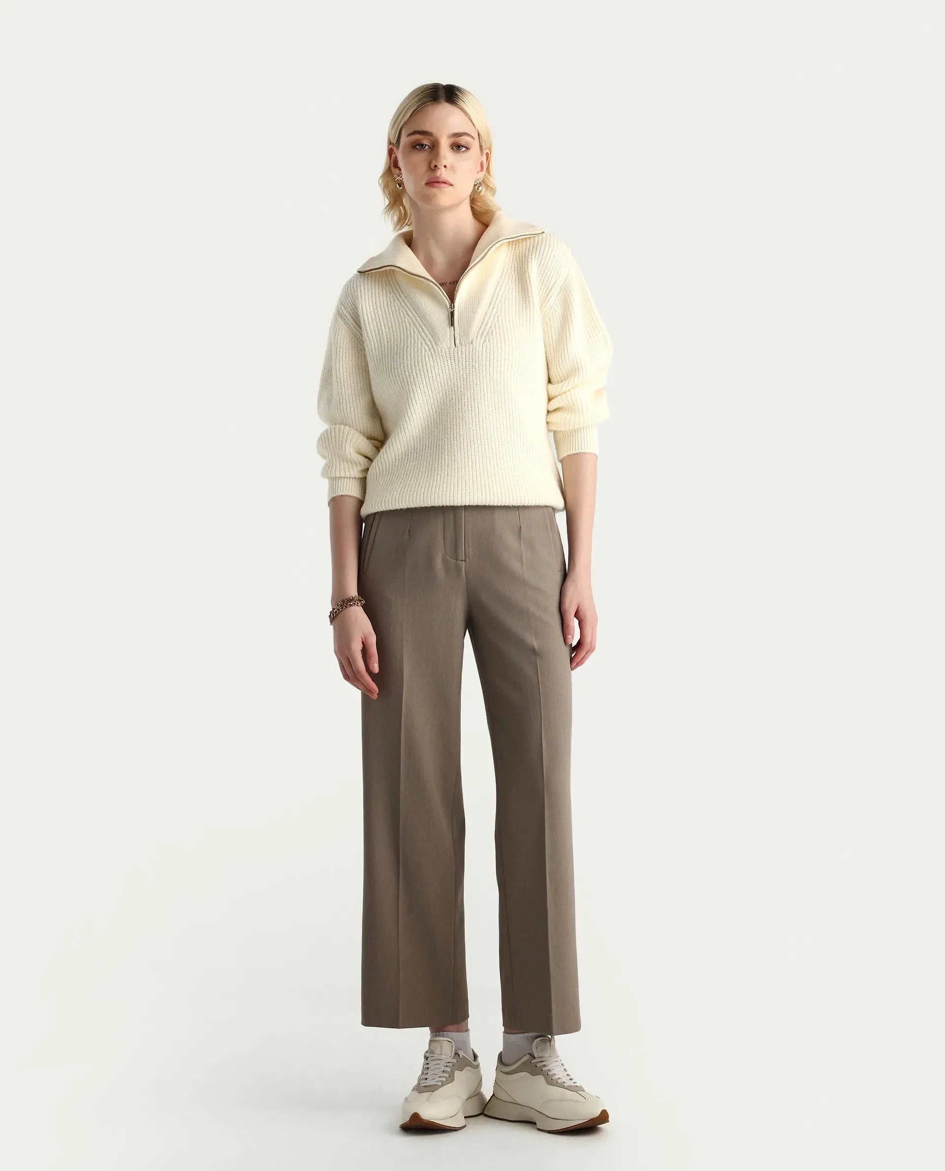Rareism Women's Miris Off White Acrylic Blend High Neck Relaxed Fit Sweater