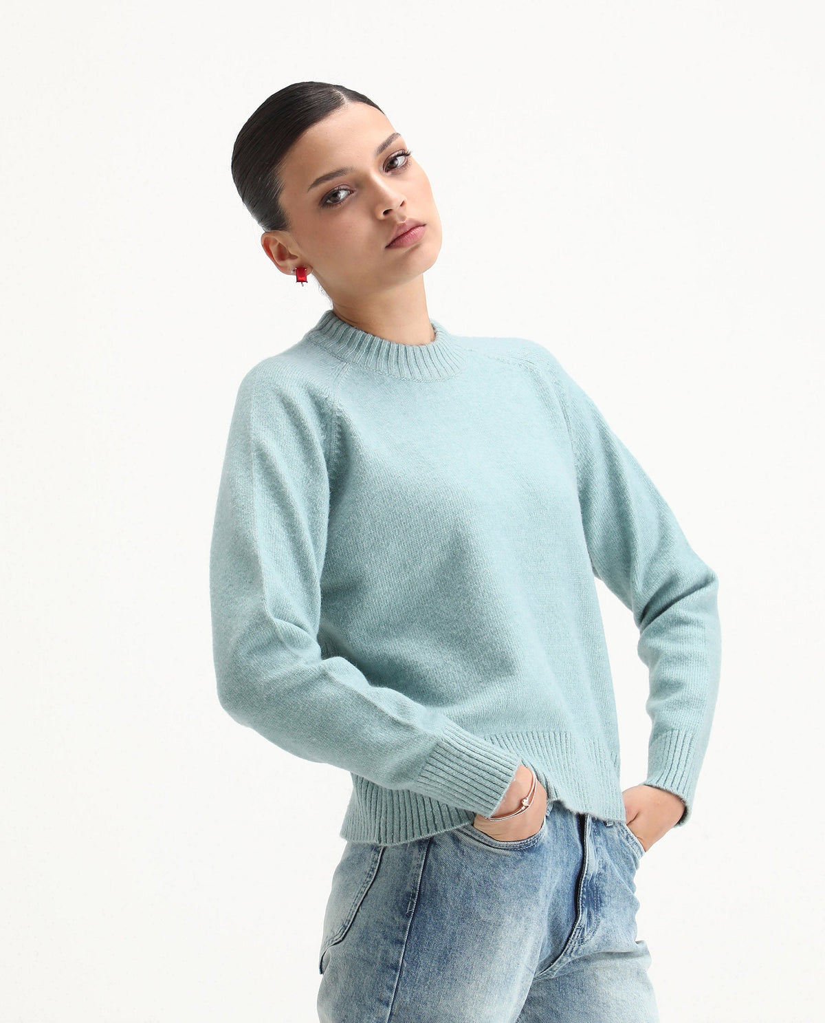 Rareism Women's Mitsu Light Blue Acrylic Blend Crew Neck Relaxed Fit Sweater