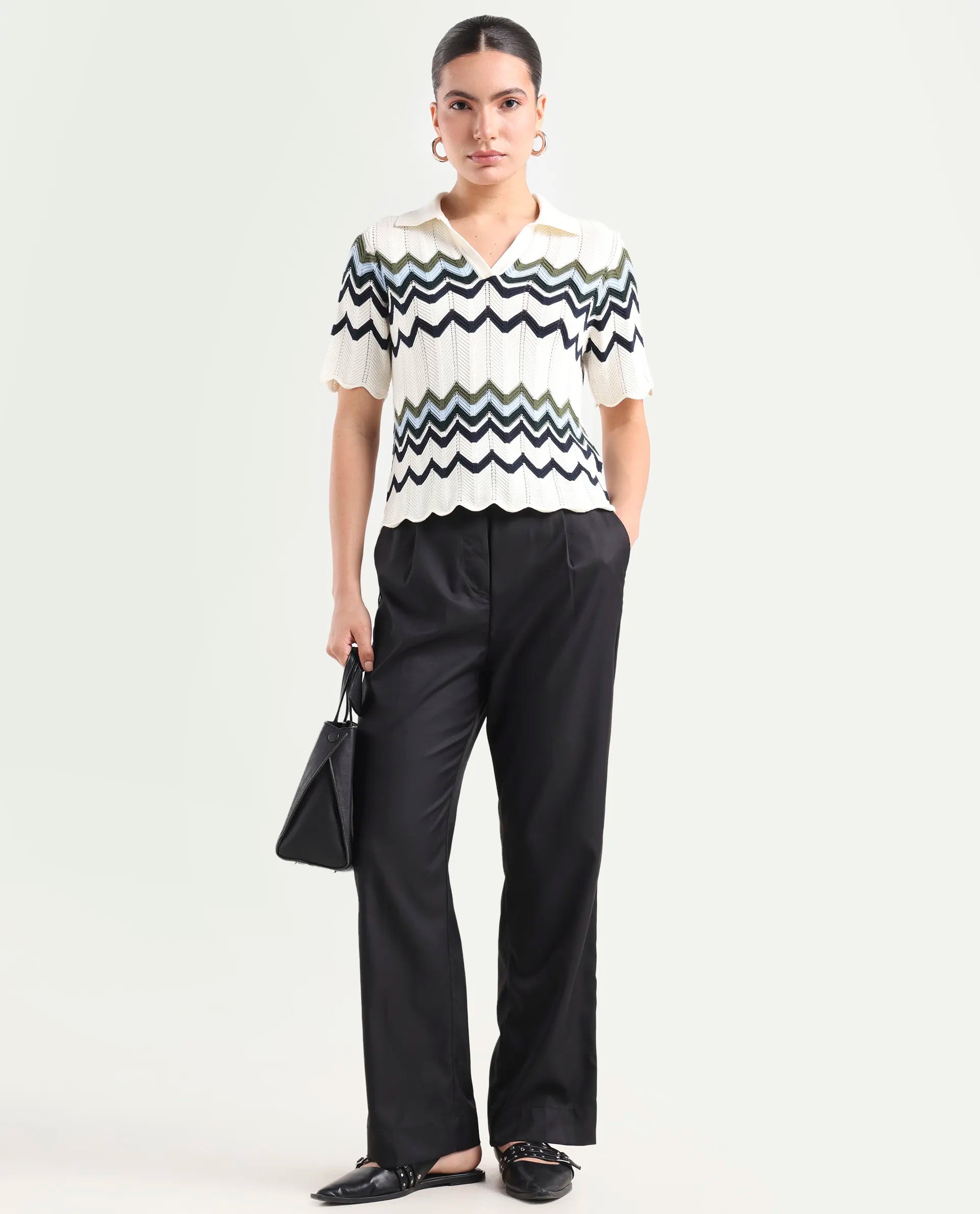 Rareism Women's Miza Black Cotton Plain Ankle Length Straight Fit Trouser