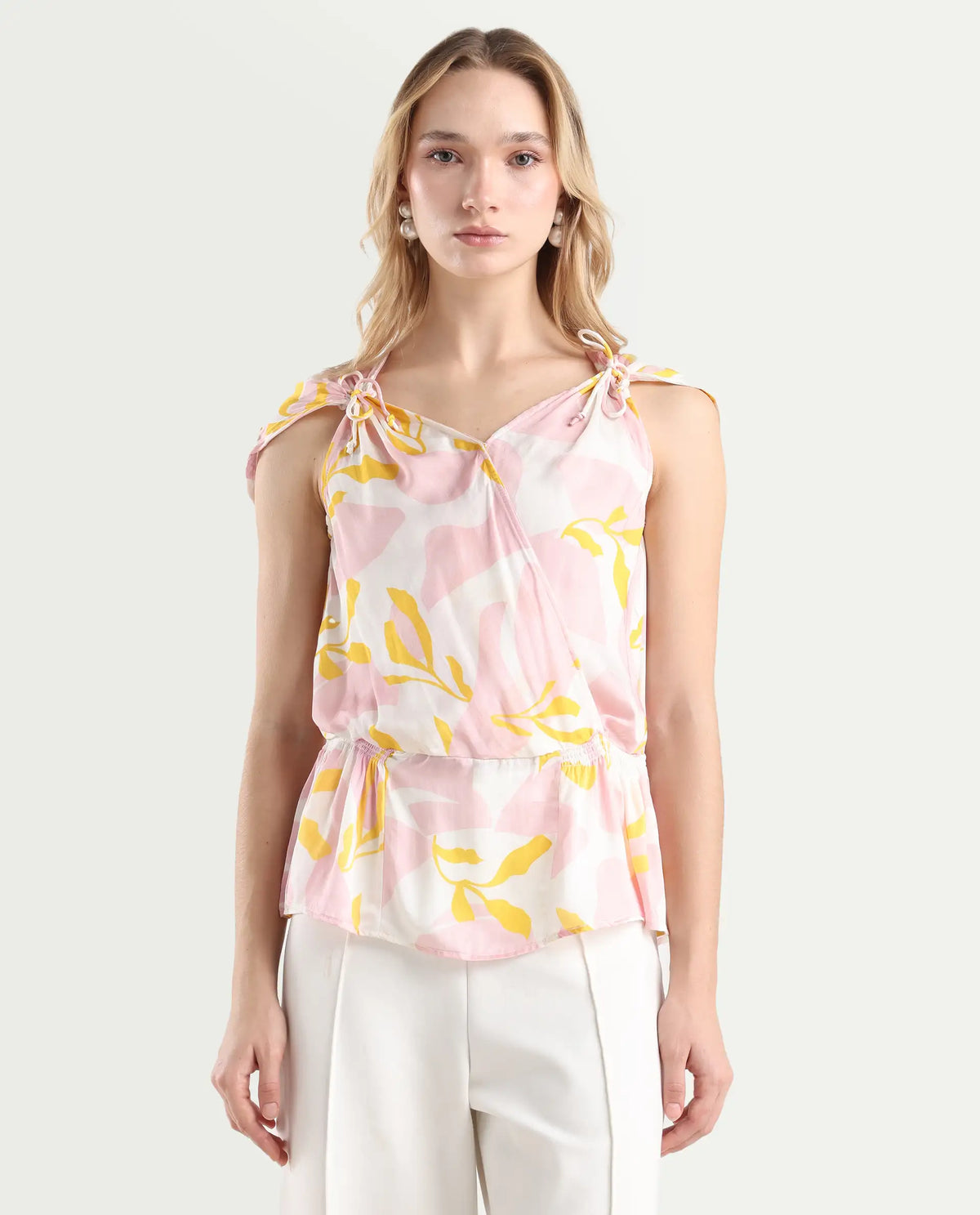 Rareism Women's Morning Pink V-Neck Abstract Print Sleeveless Knee Length Regular Fit Top