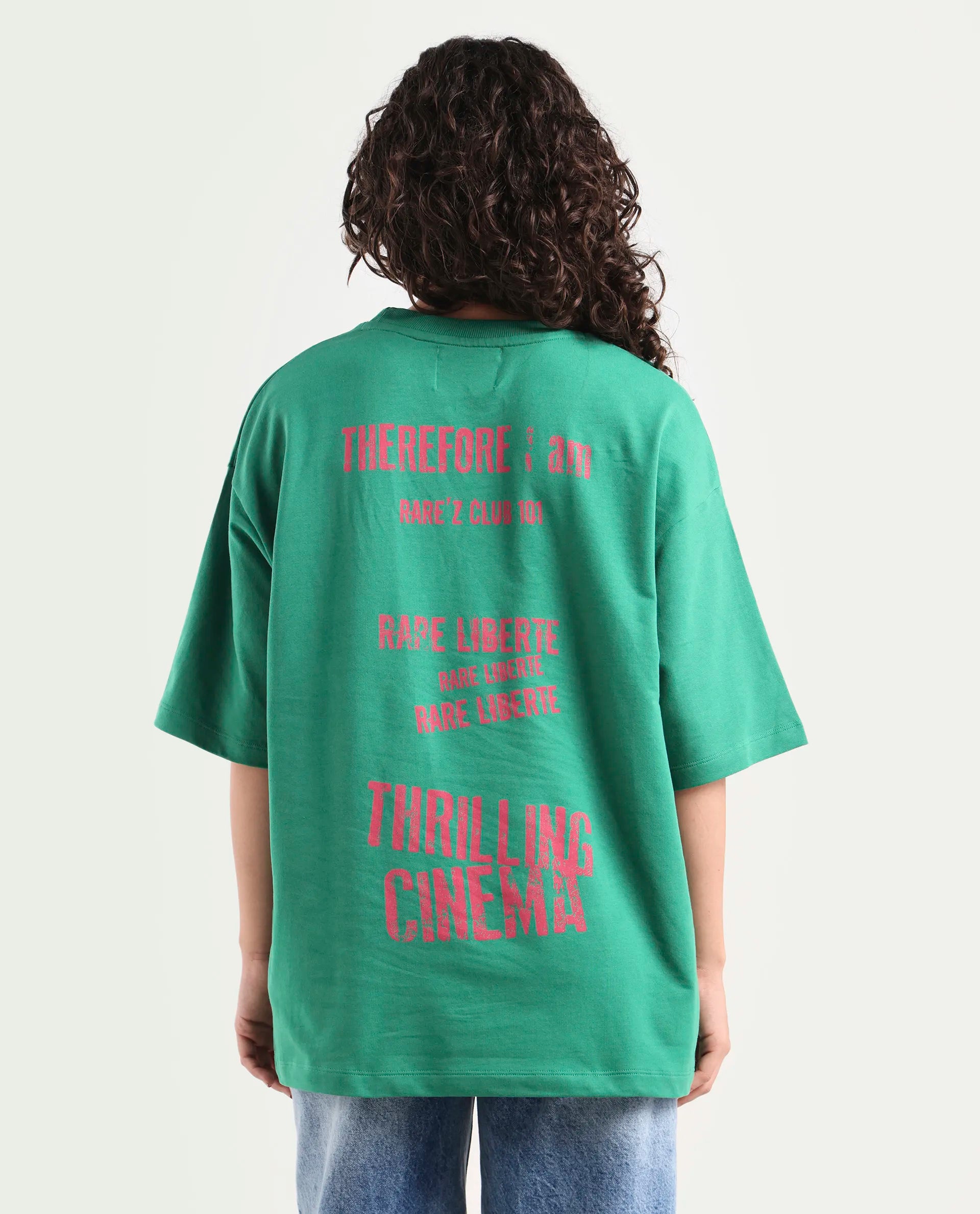 Rareism Women's Morsh Green Cotton Graphic Print Oversized T-Shirt