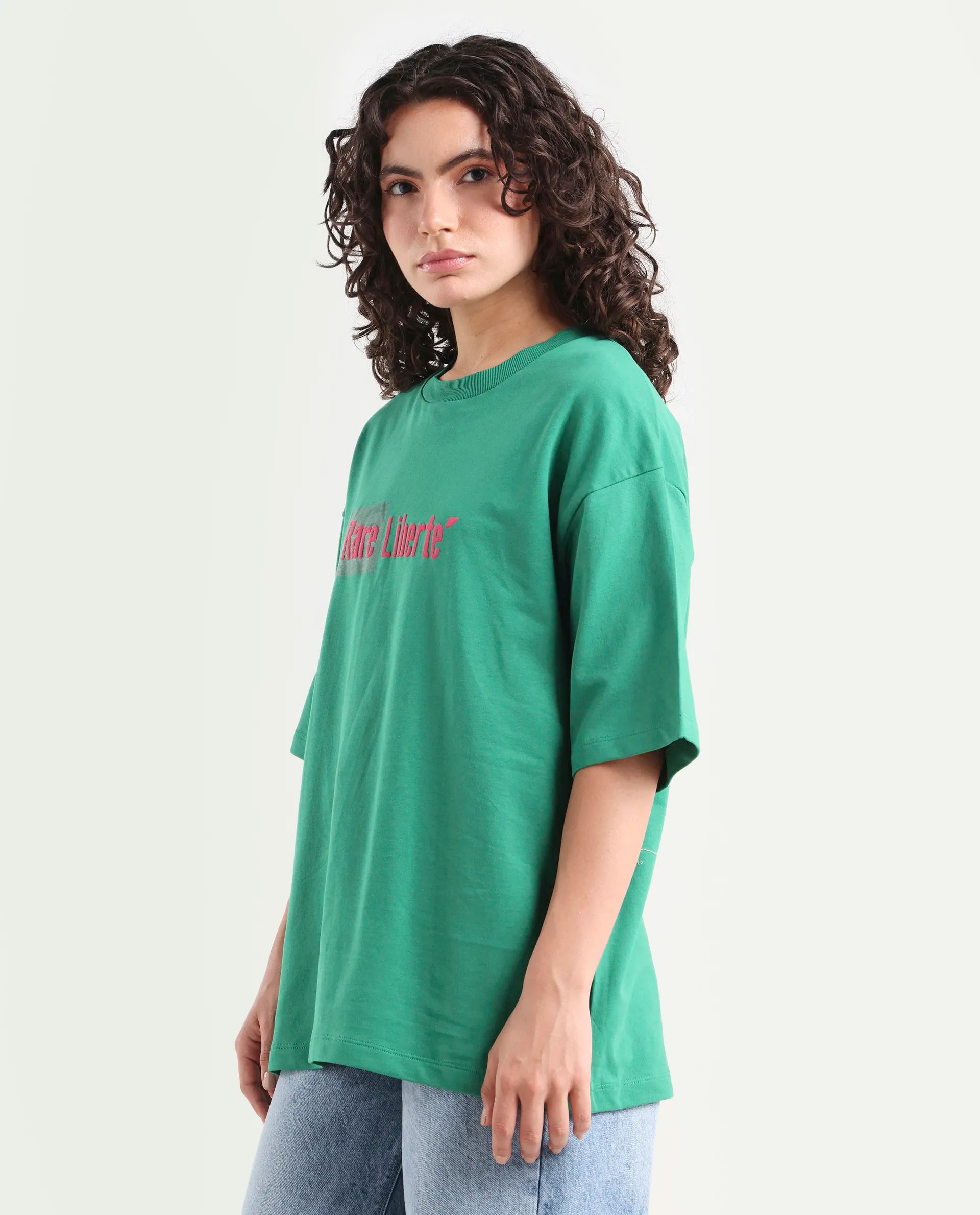 Rareism Women's Morsh Green Cotton Graphic Print Oversized T-Shirt