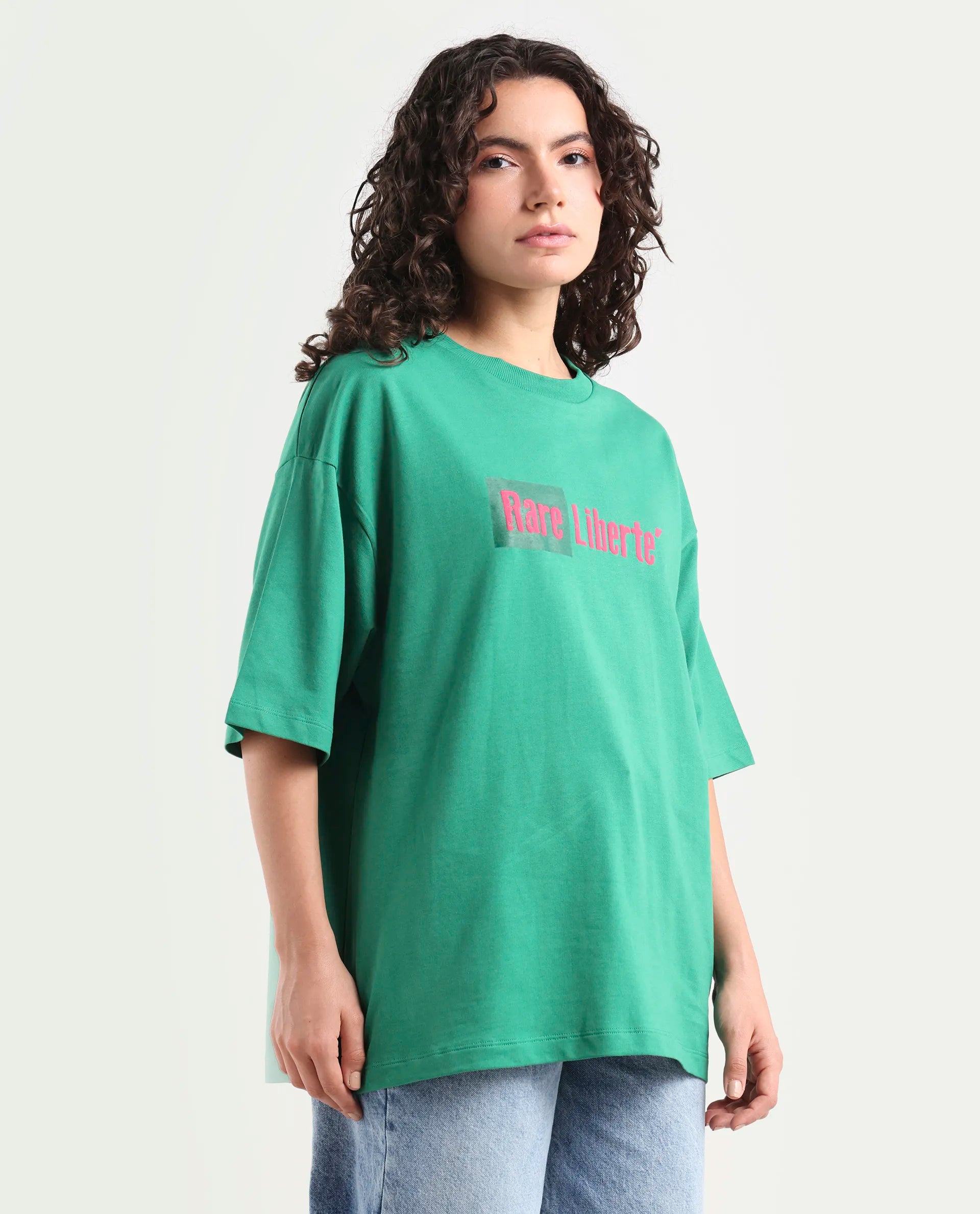 Rareism Women's Morsh Green Cotton Graphic Print Oversized T-Shirt
