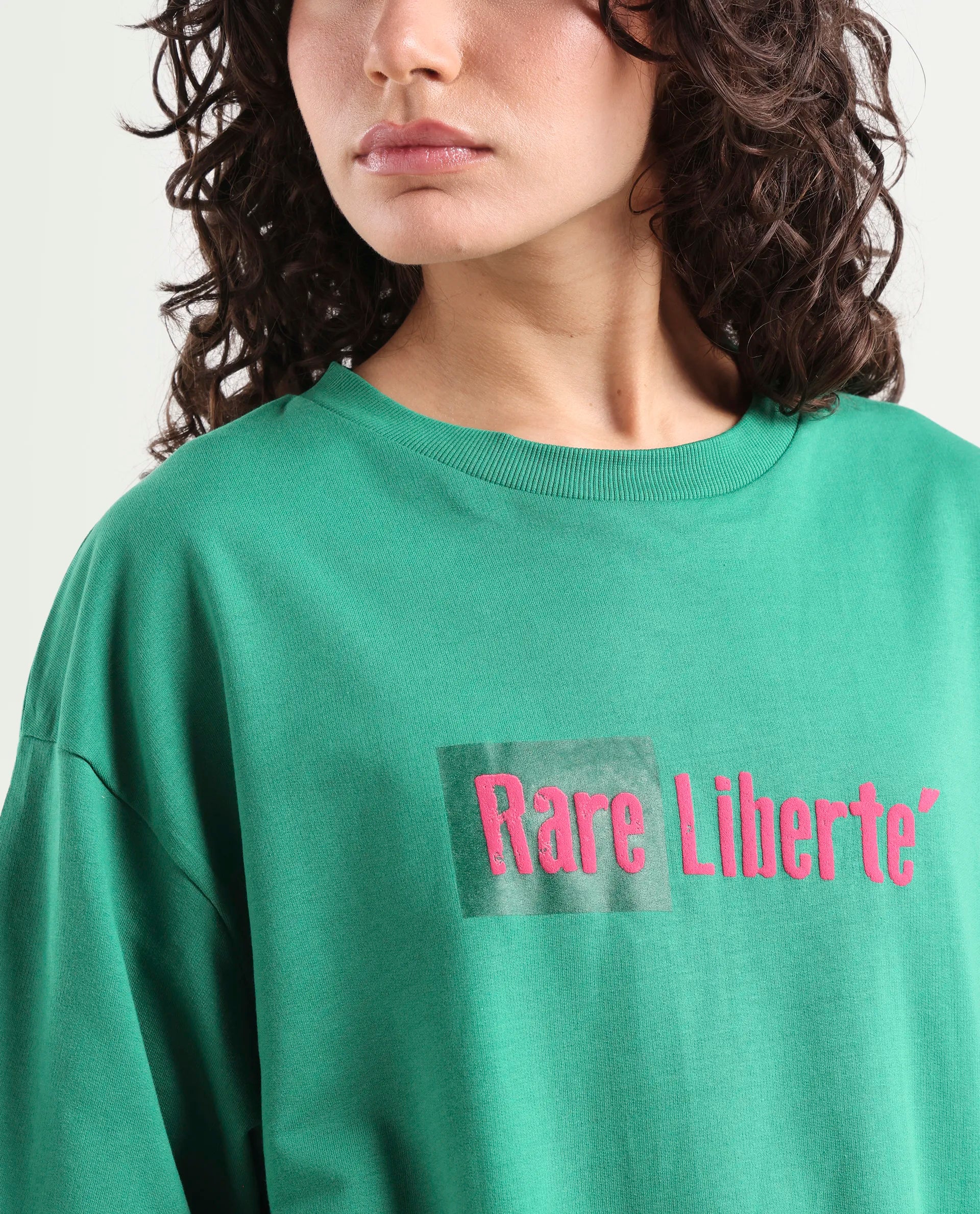 Rareism Women's Morsh Green Cotton Graphic Print Oversized T-Shirt